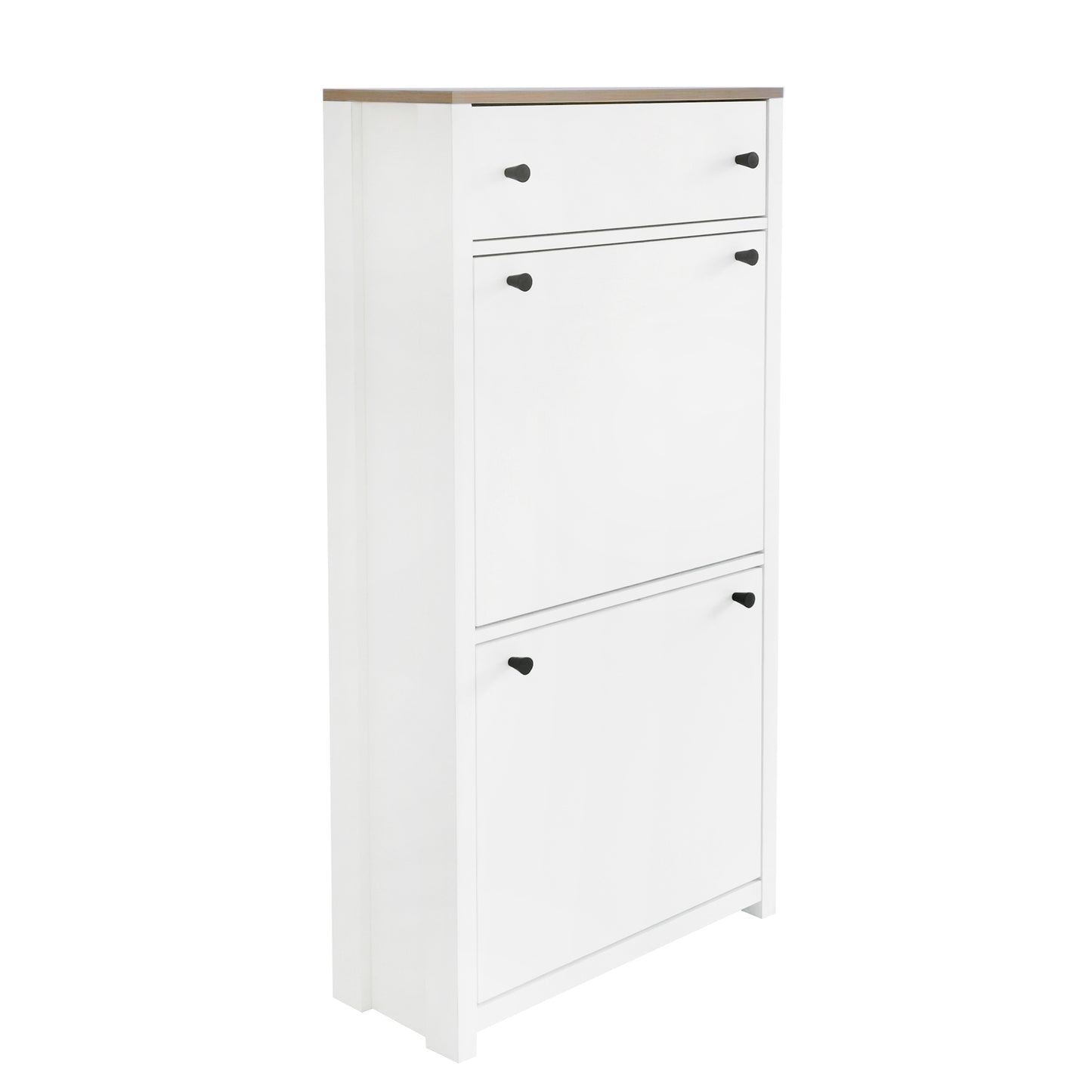 Slim white shoe cabinet with two flipdown doors and a single drawer