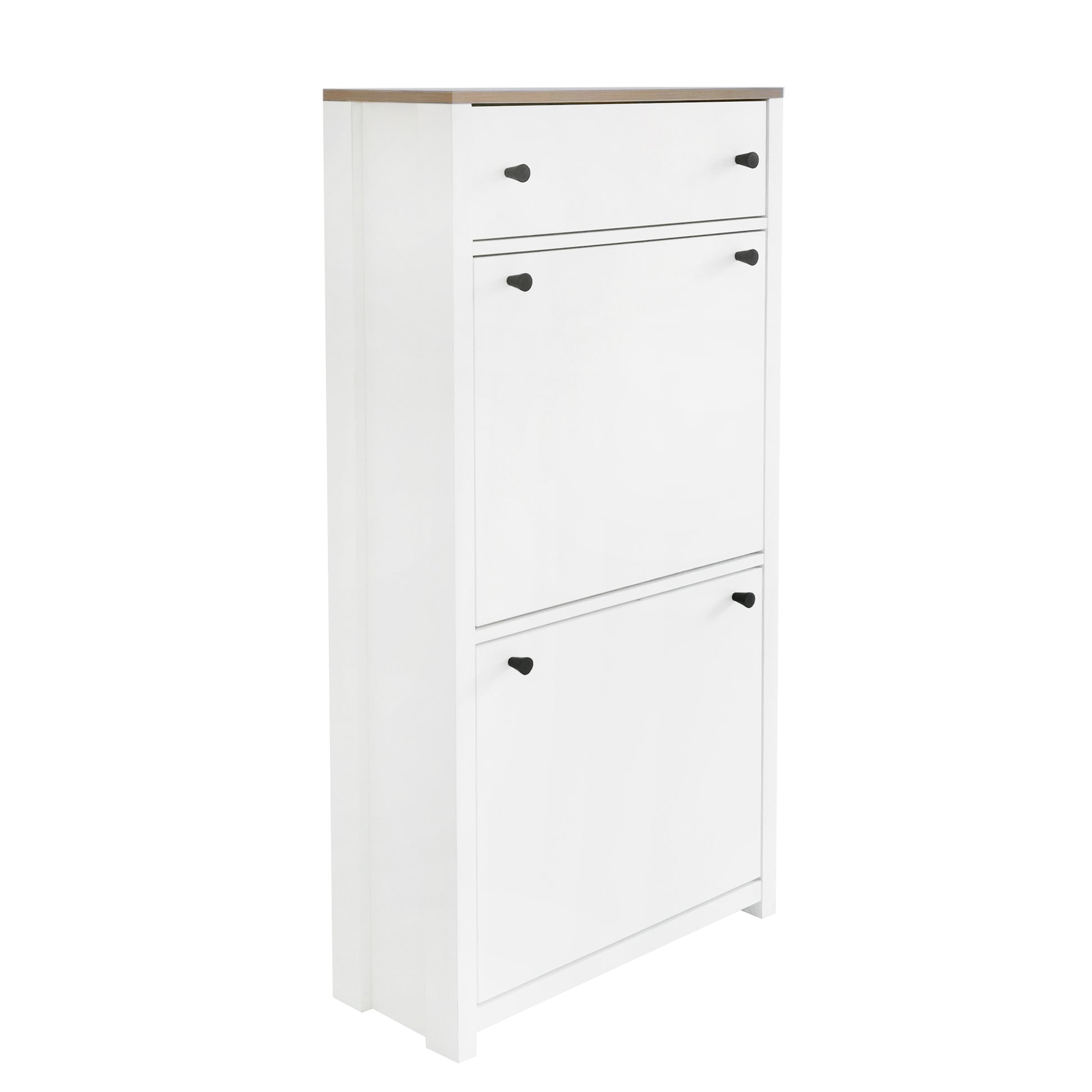 Slim white shoe cabinet with two flipdown doors and a single drawer