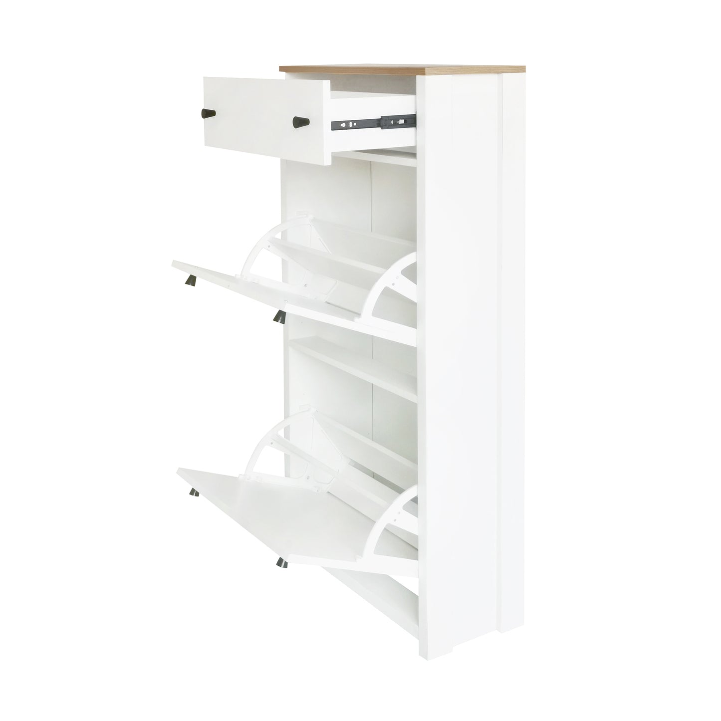 White shoe cabinet with two flipout shoe shelves and one drawer