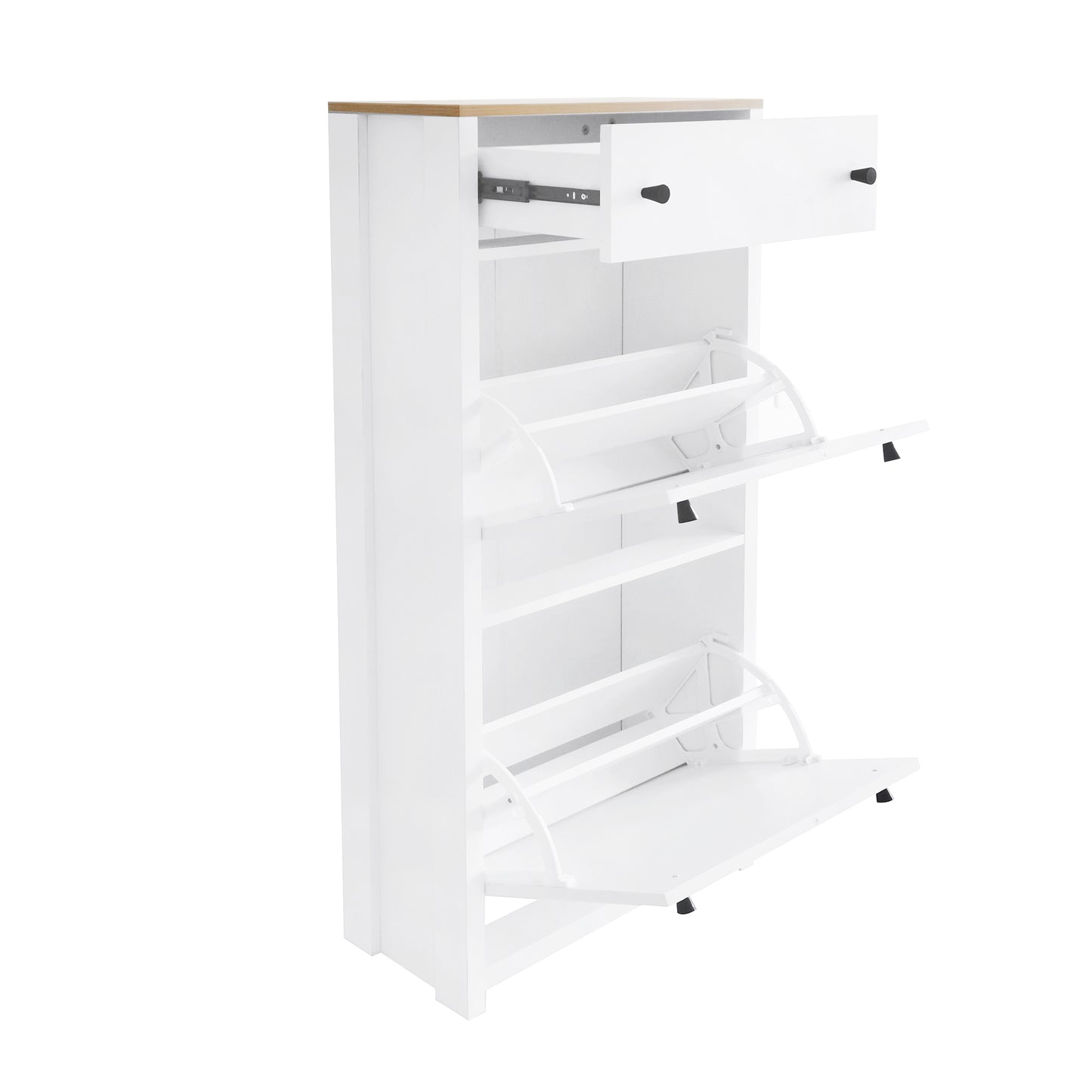 White shoe cabinet with pullout drawer and flipdown shoe shelves