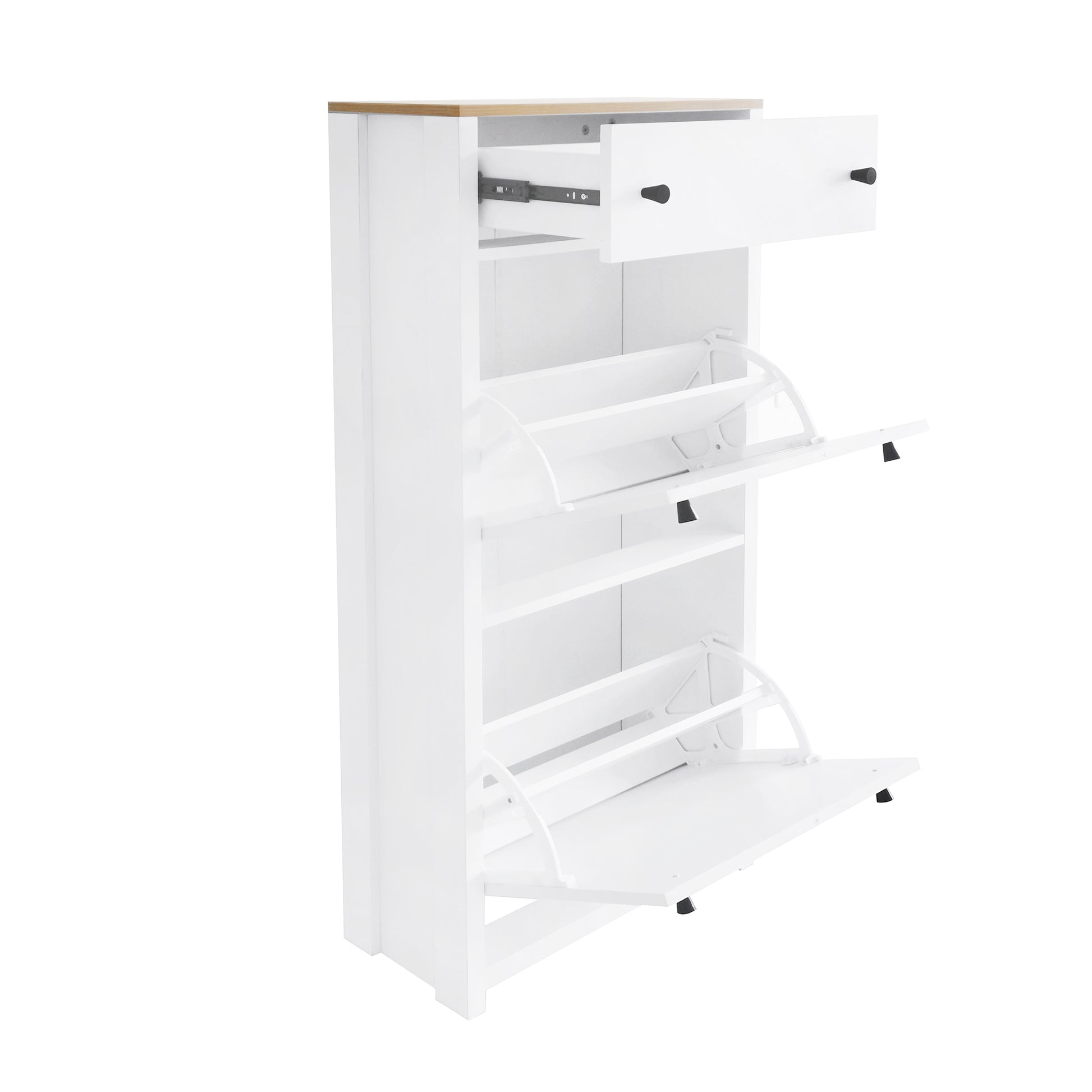White shoe cabinet with pullout drawer and flipdown shoe shelves