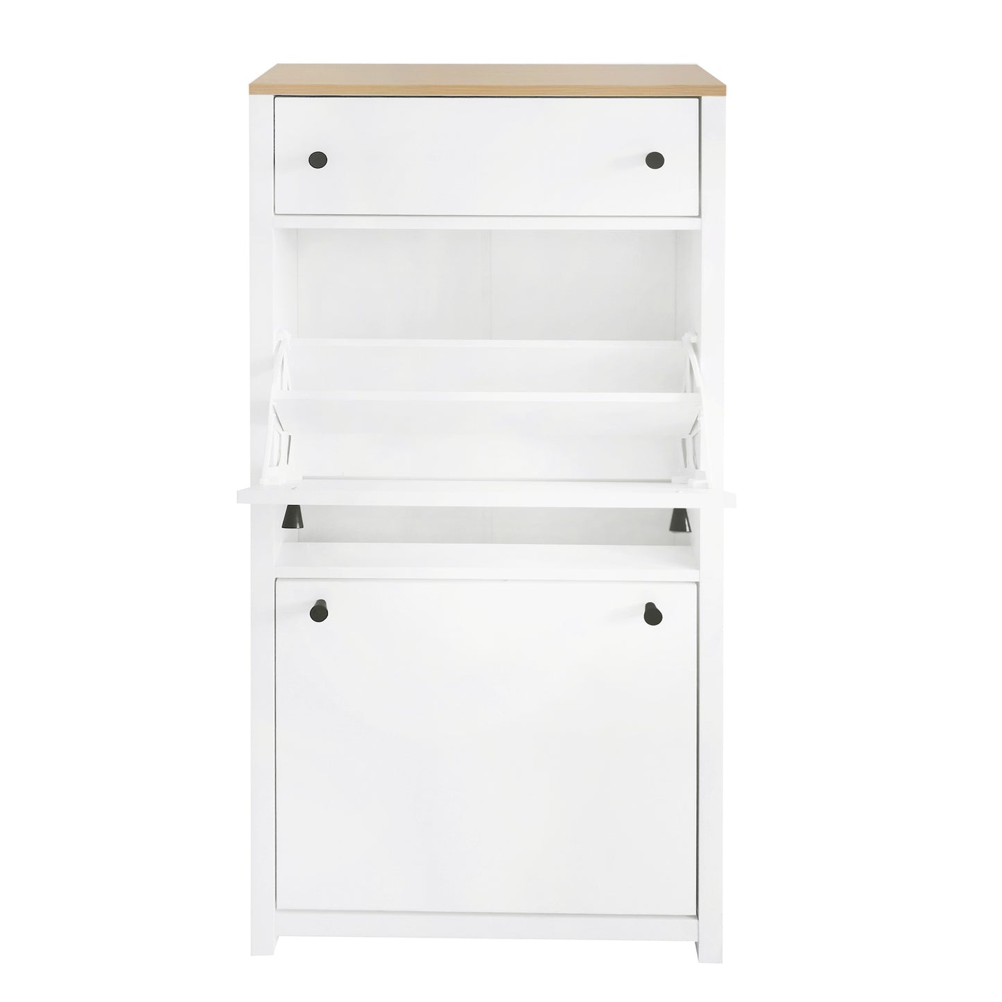 White wooden shoe cabinet with a single drawer and two flipdown doors