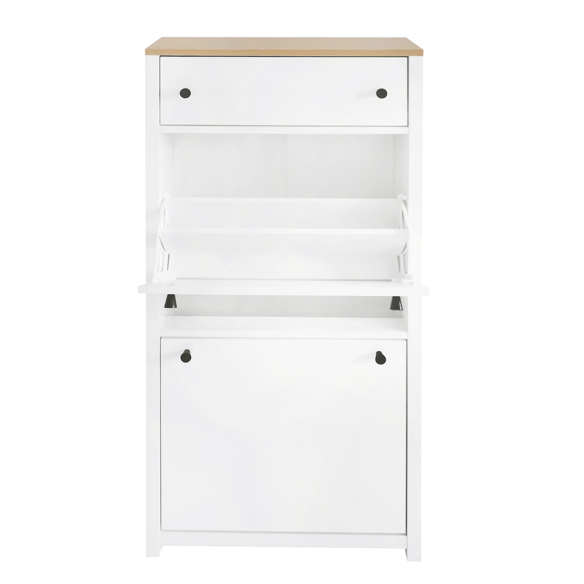 White wooden shoe cabinet with a single drawer and two flipdown doors