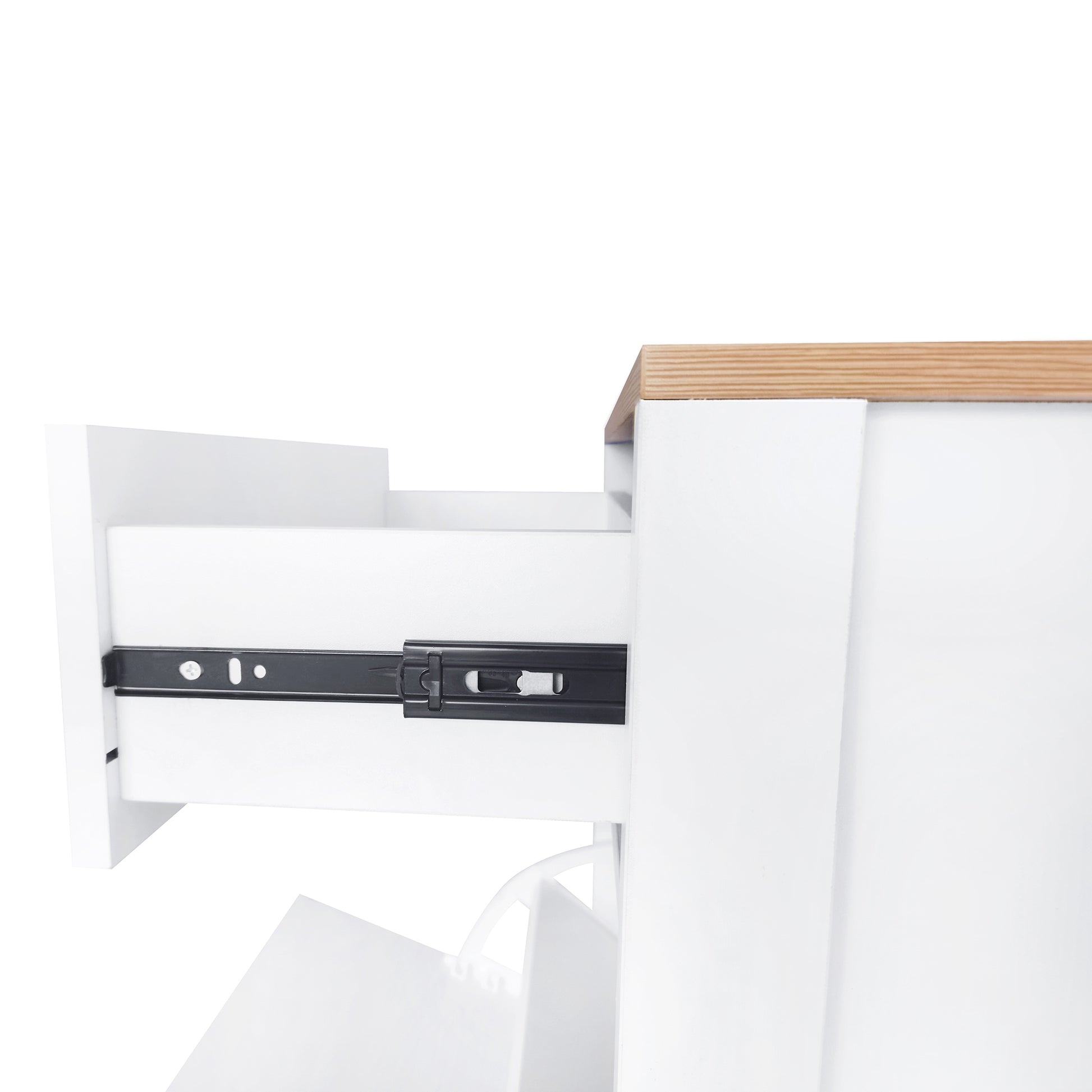 White cabinet drawer with black metal glides showcasing smooth operation