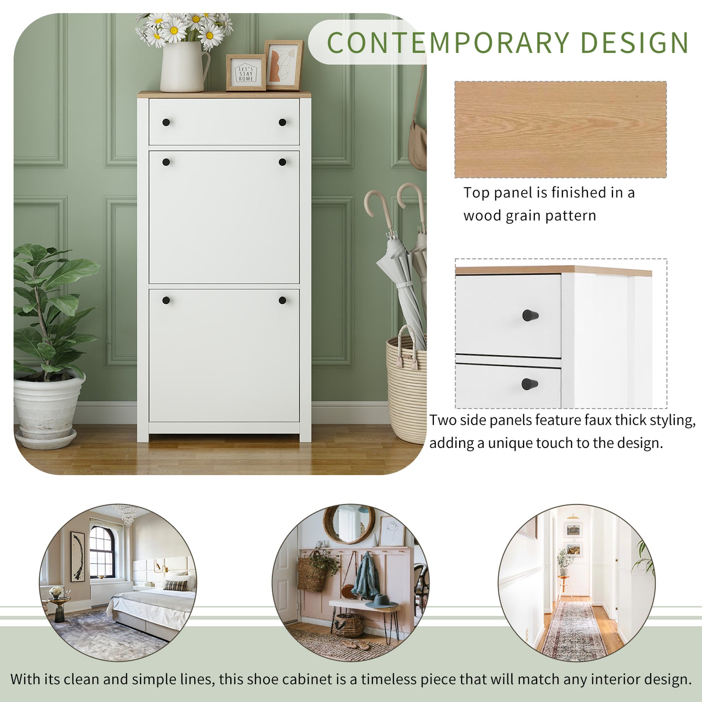 White shoe cabinet with wood top ideal for entryway organization