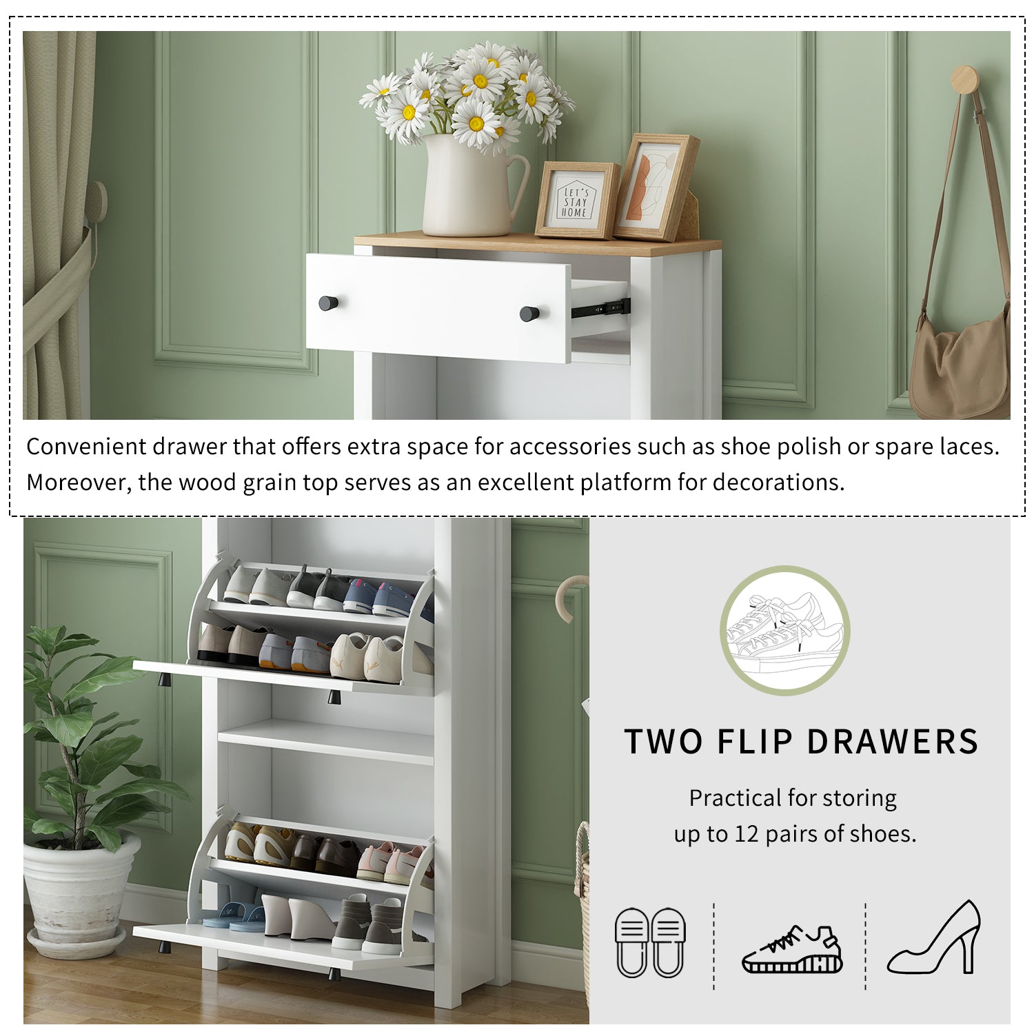 White shoe cabinet with two flipout drawers filled with shoes