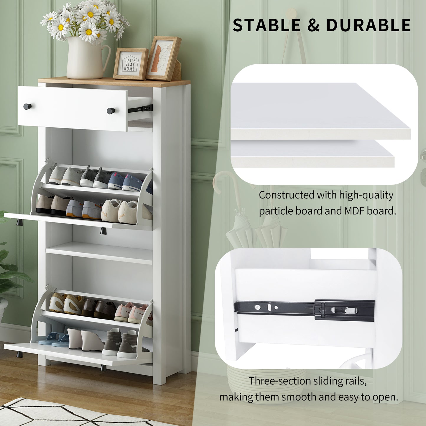 White shoe cabinet with pullout drawers and multiple shelves storing various footwear types