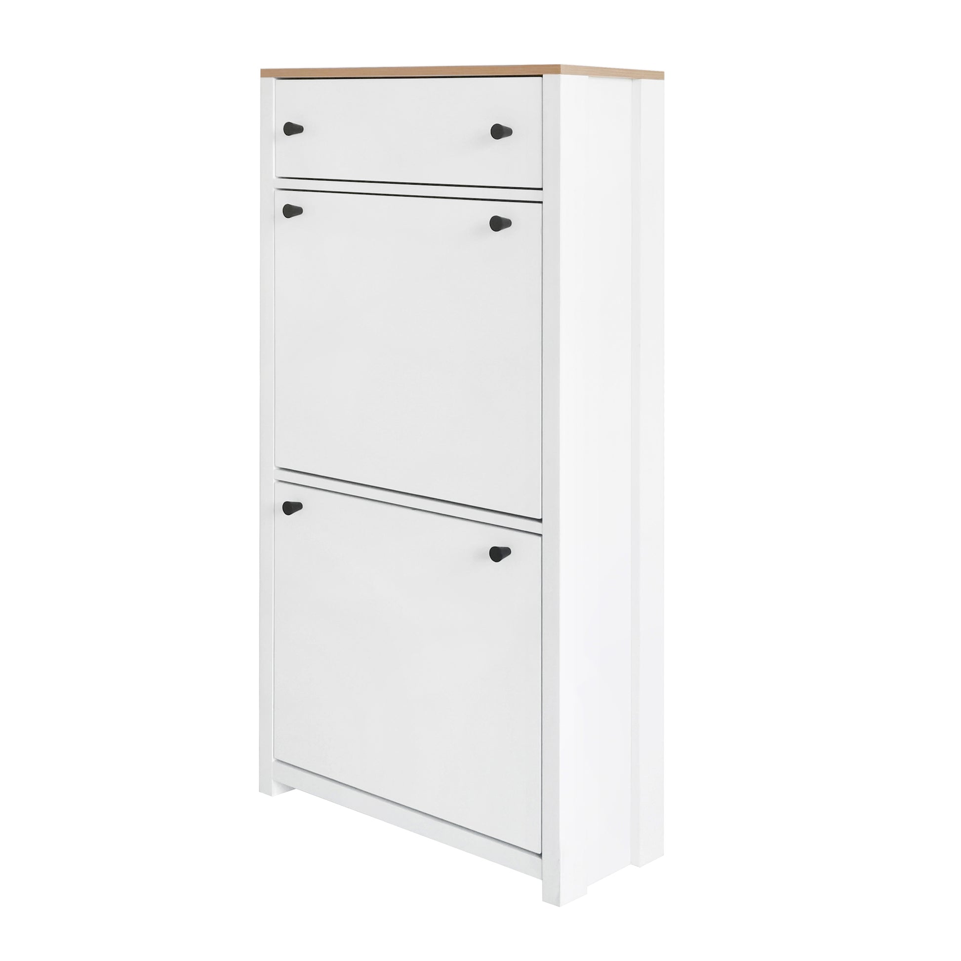 Tall white shoe cabinet with two flipdown doors and a drawer wood top