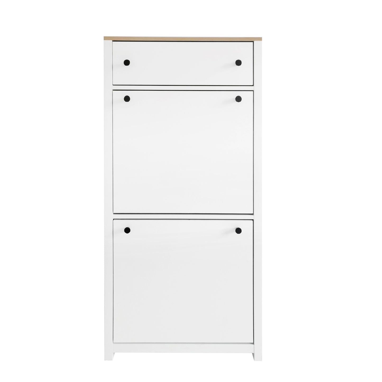 White shoe cabinet with three doors and a light wood top