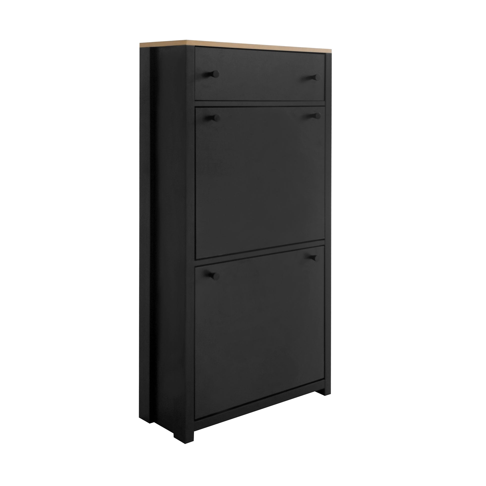 Black metal shoe cabinet with two flipout doors and a drawer