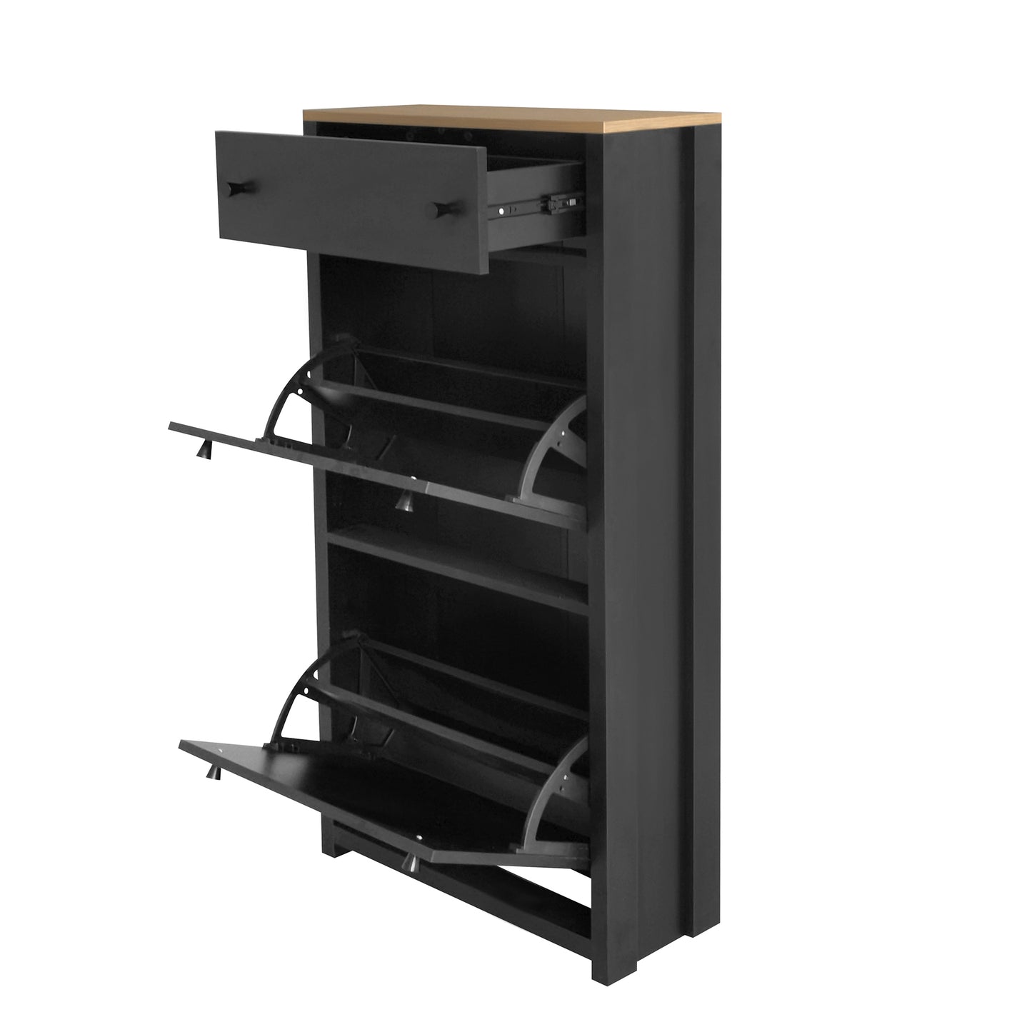 Black entryway shoe cabinet with wooden top and one open drawer