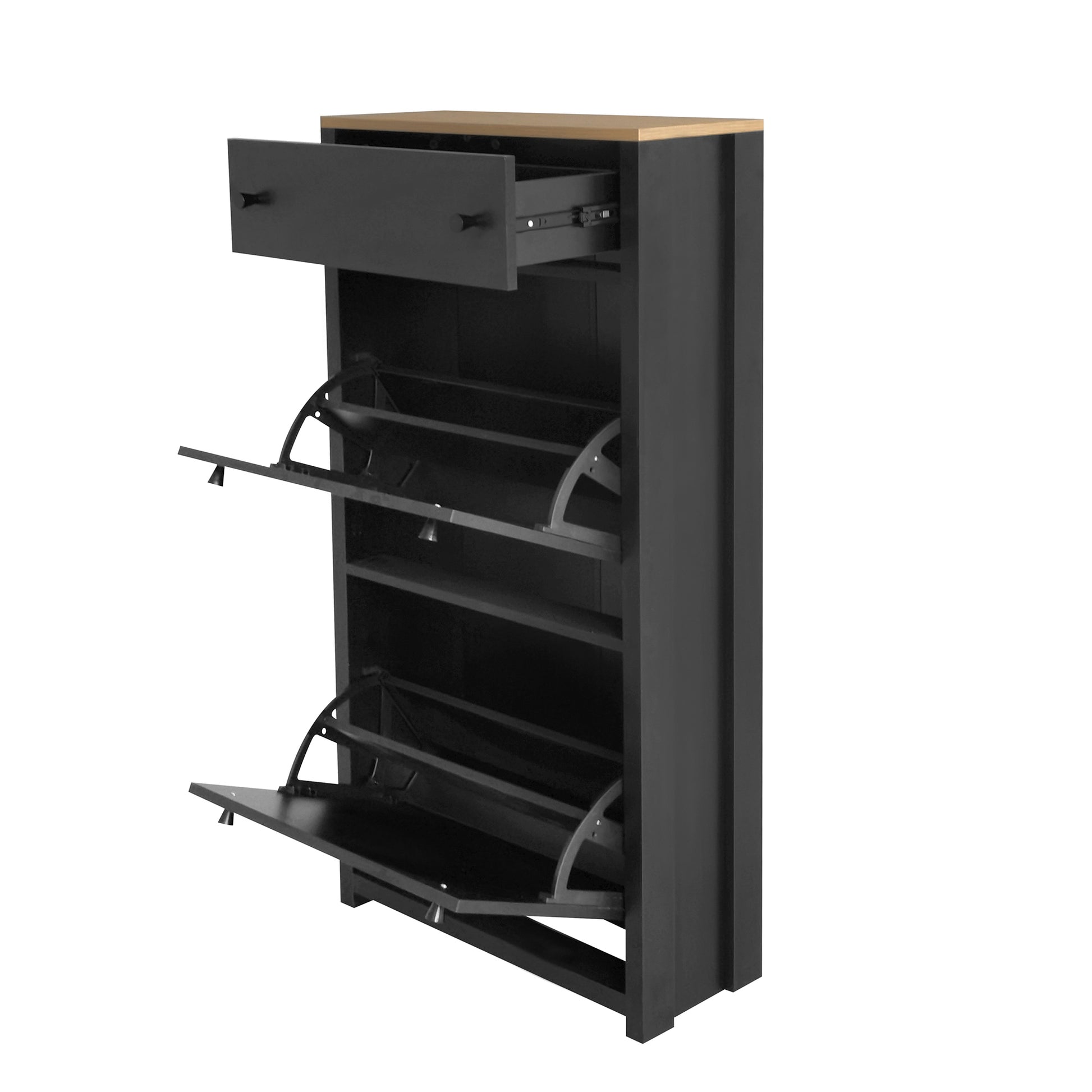 Black entryway shoe cabinet with wooden top and one open drawer