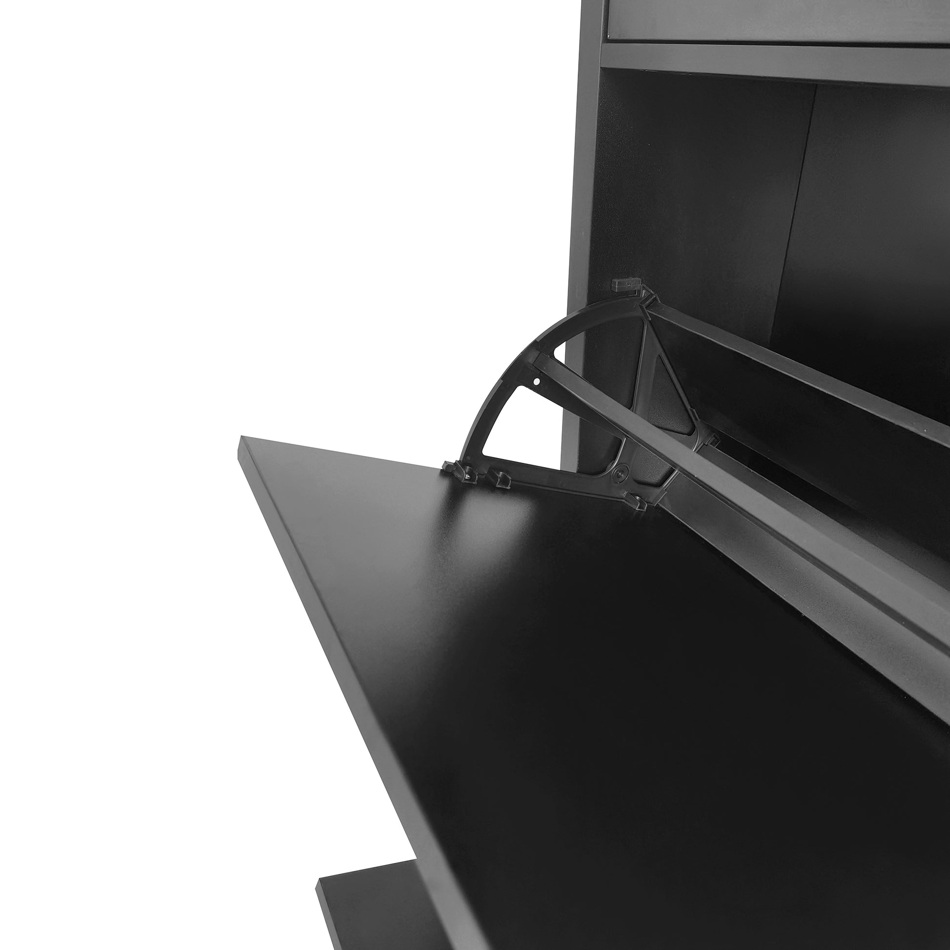 Black shoe cabinet with an open flipdown drawer and metal hardware