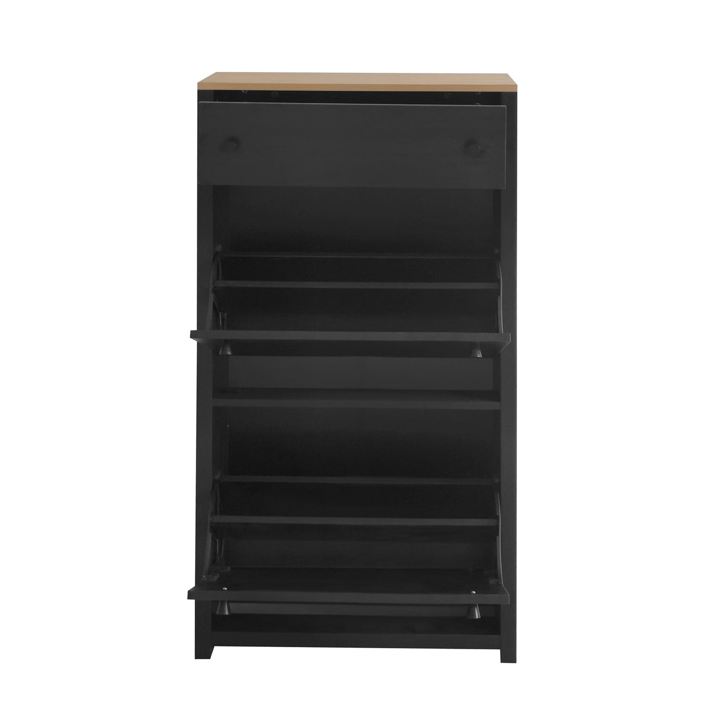 Black metal shoe cabinet with natural wood top and multiple pulldown shelves