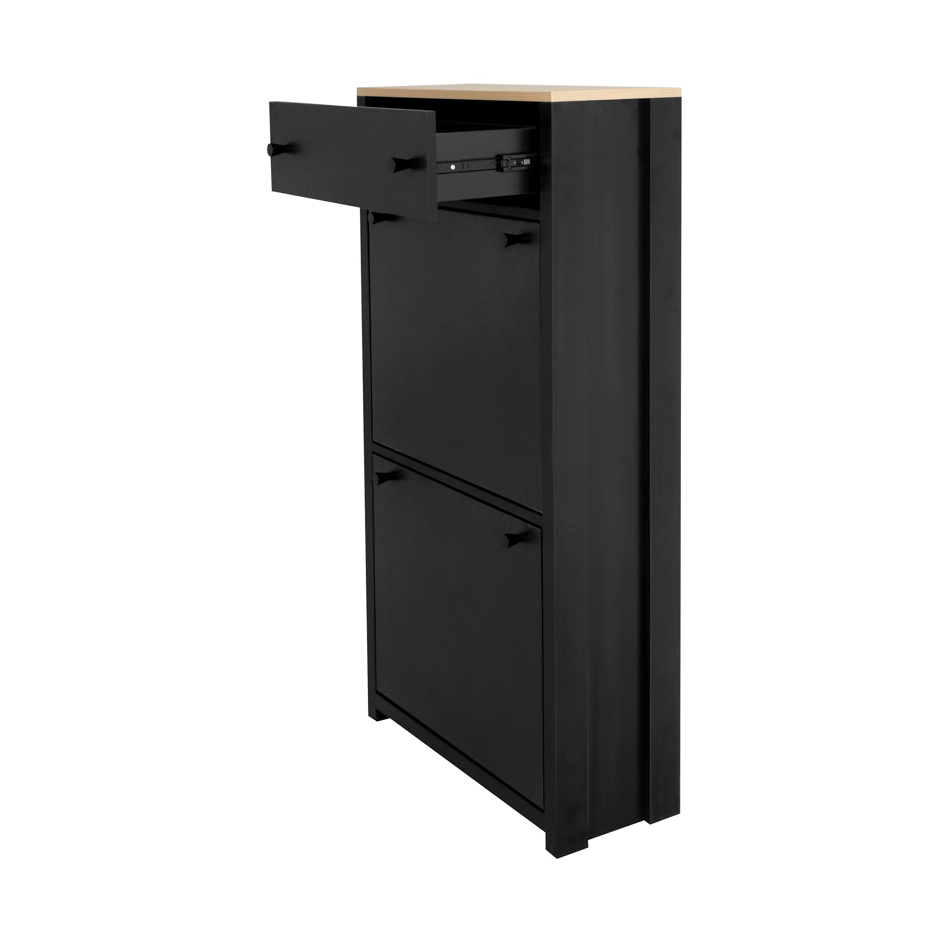Black narrow shoe cabinet with natural wood top and open drawer
