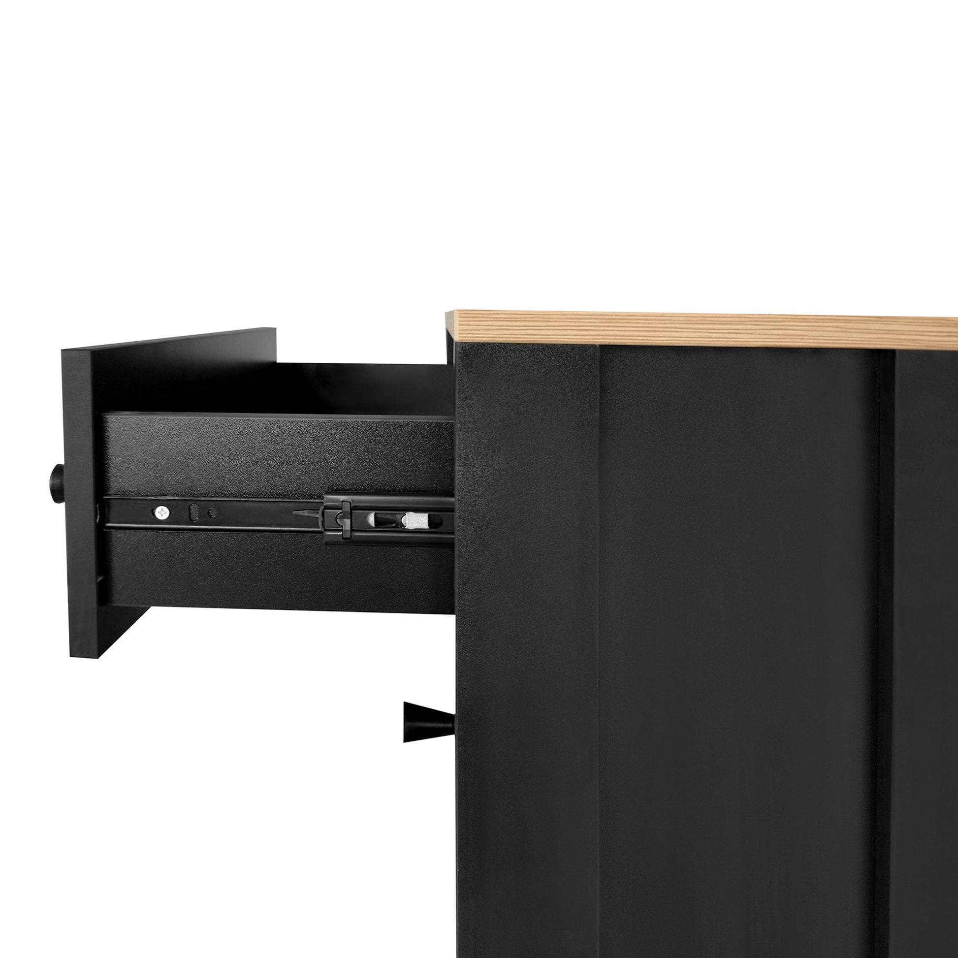 Black metal cabinet with a light wood grain top and one open drawer showing its slides