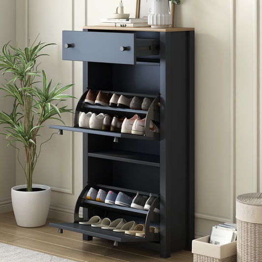 Dark grey wooden shoe cabinet with pullout drawer and angled shoe shelves