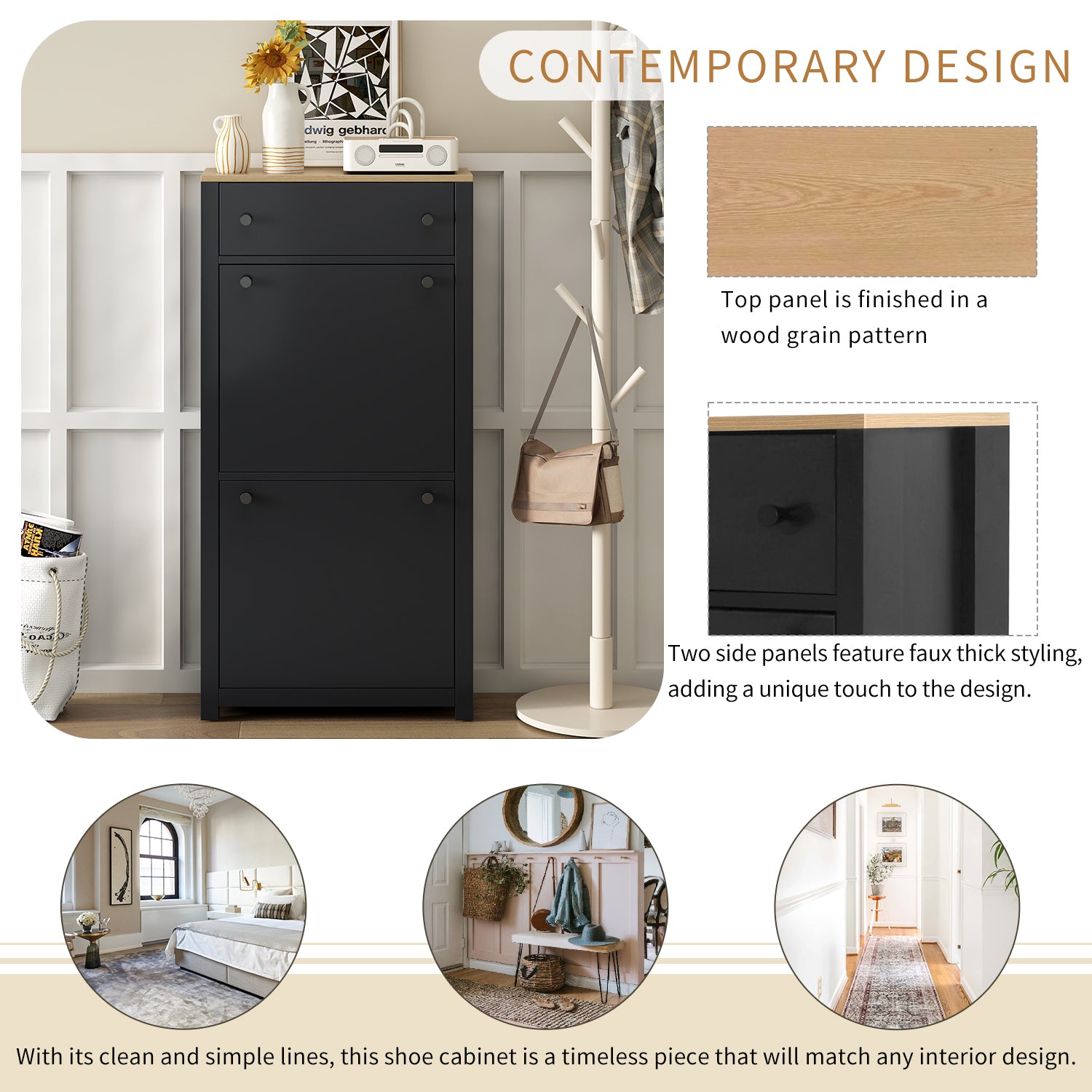 Black contemporary shoe cabinet with wood grain top panel and faux thick styling