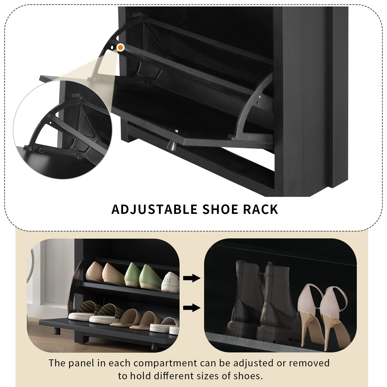 Black modern shoe rack with adjustable shelves