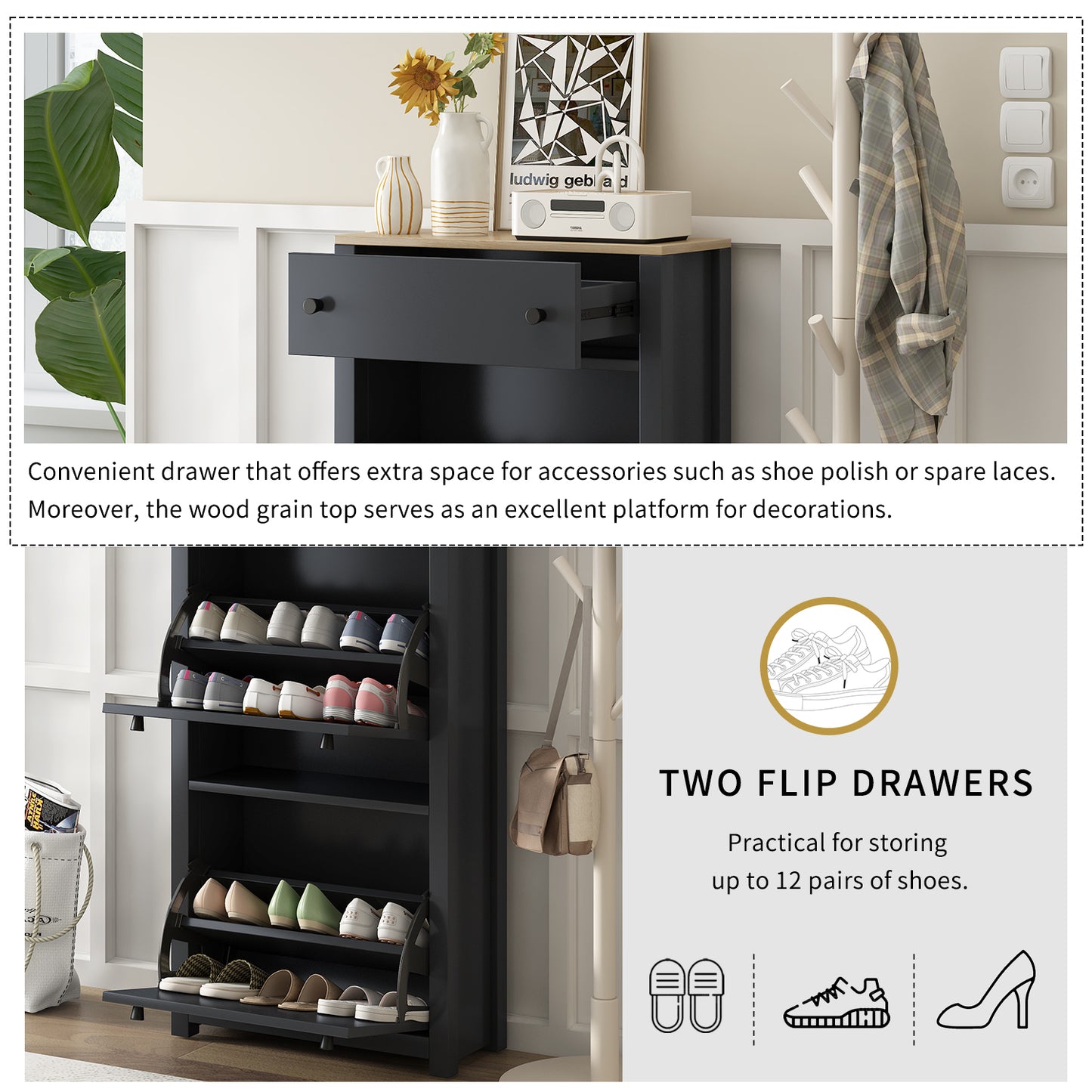 Black shoe cabinet with an open drawer revealing storage