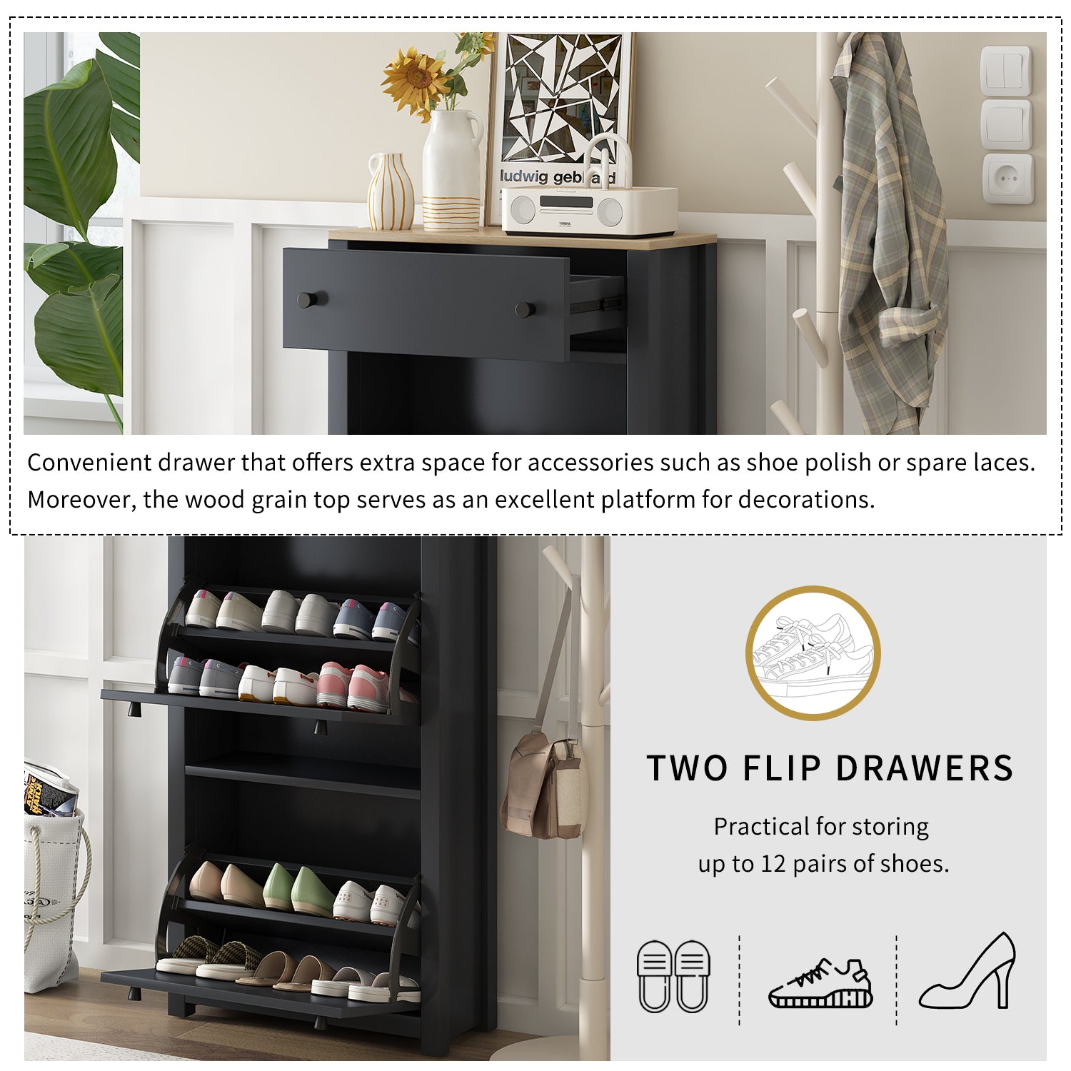 Black shoe cabinet with an open drawer revealing storage