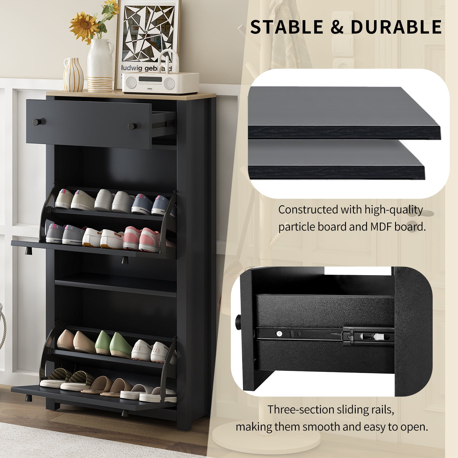 Black entryway shoe cabinet with flipdown doors