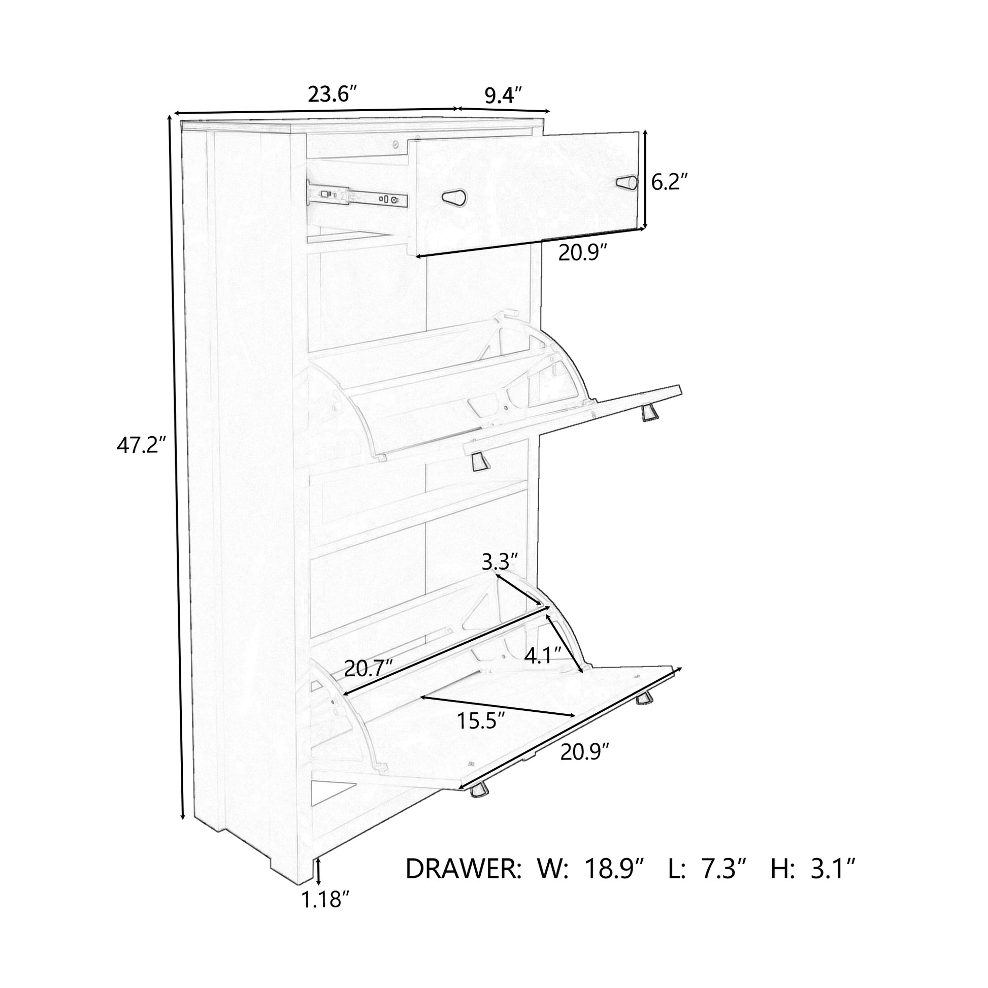 White tall shoe cabinet with three flipout doors and a top drawer