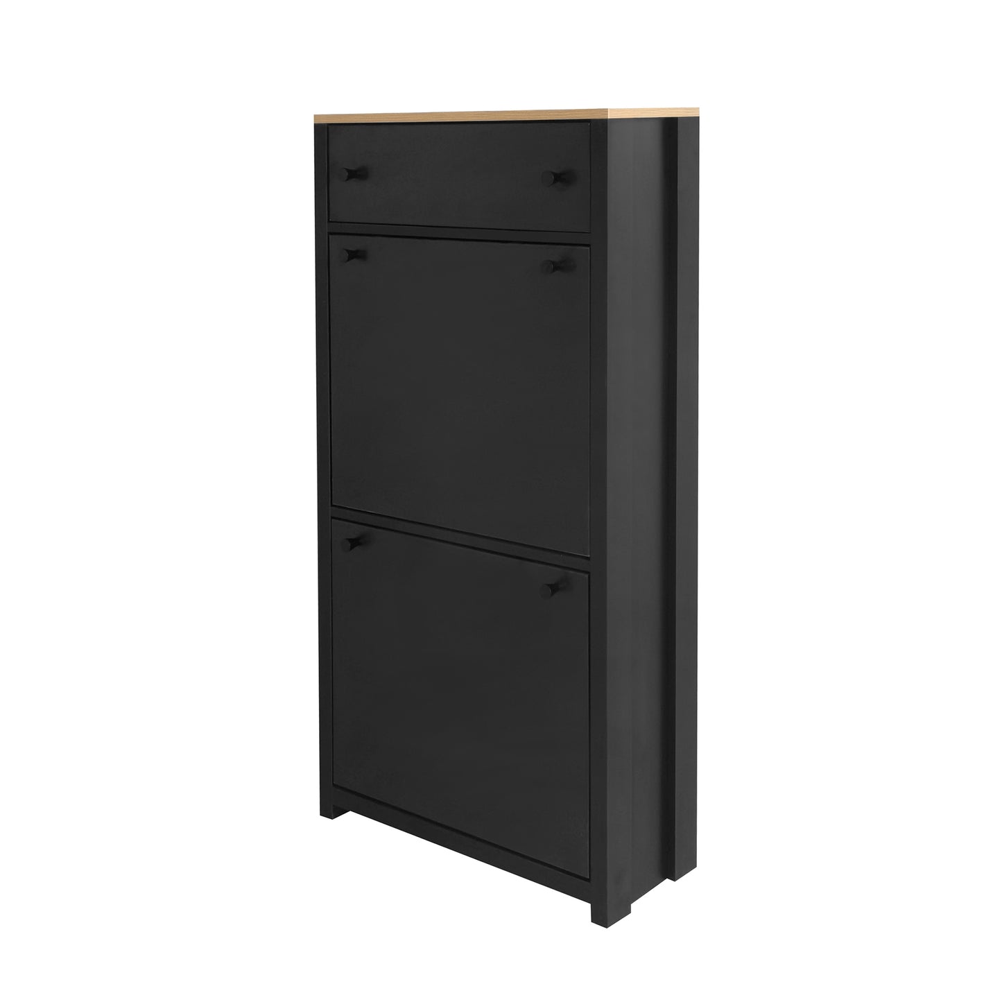 Modern black shoe cabinet with natural wood top and three flipdown doors