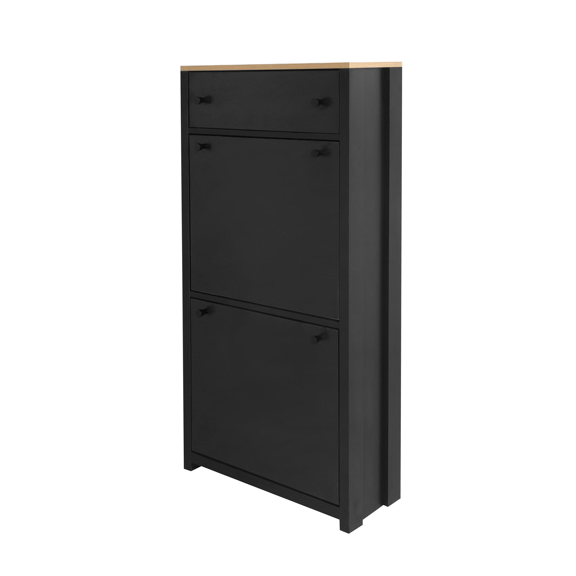 Modern black shoe cabinet with natural wood top and three flipdown doors