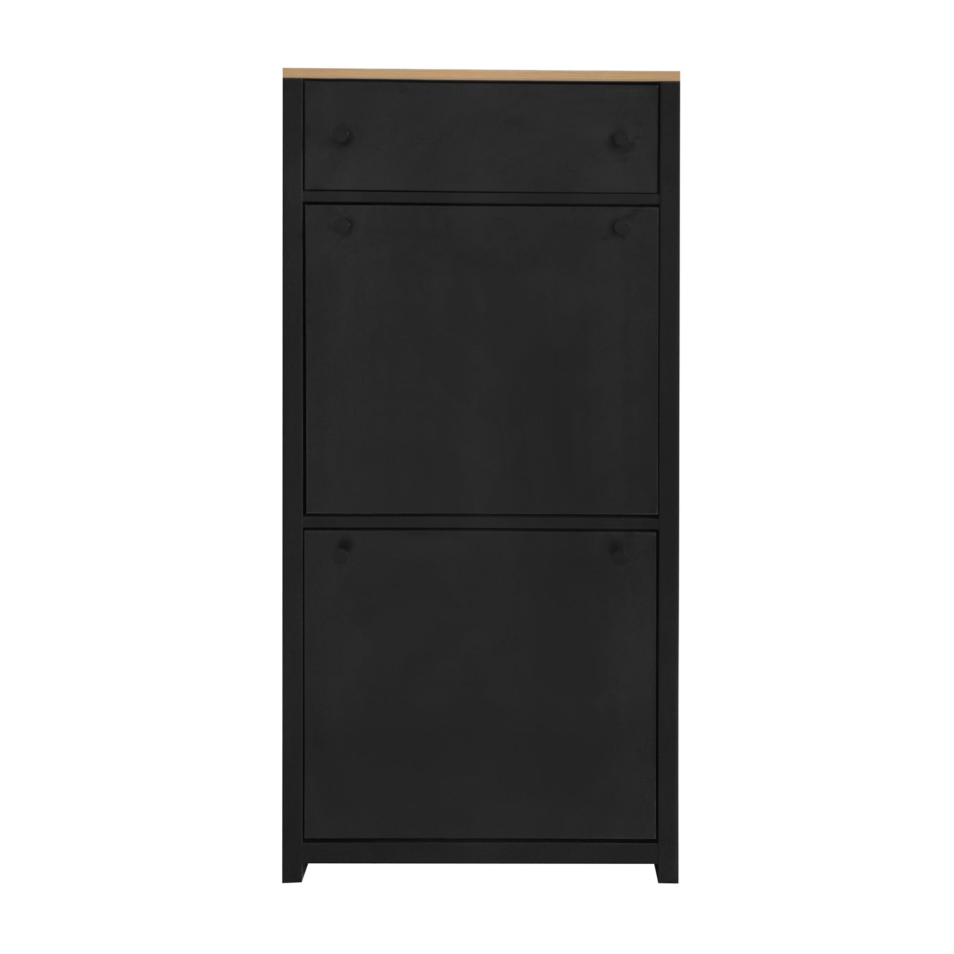 Black metal shoe cabinet with natural wood top two doors and a drawer