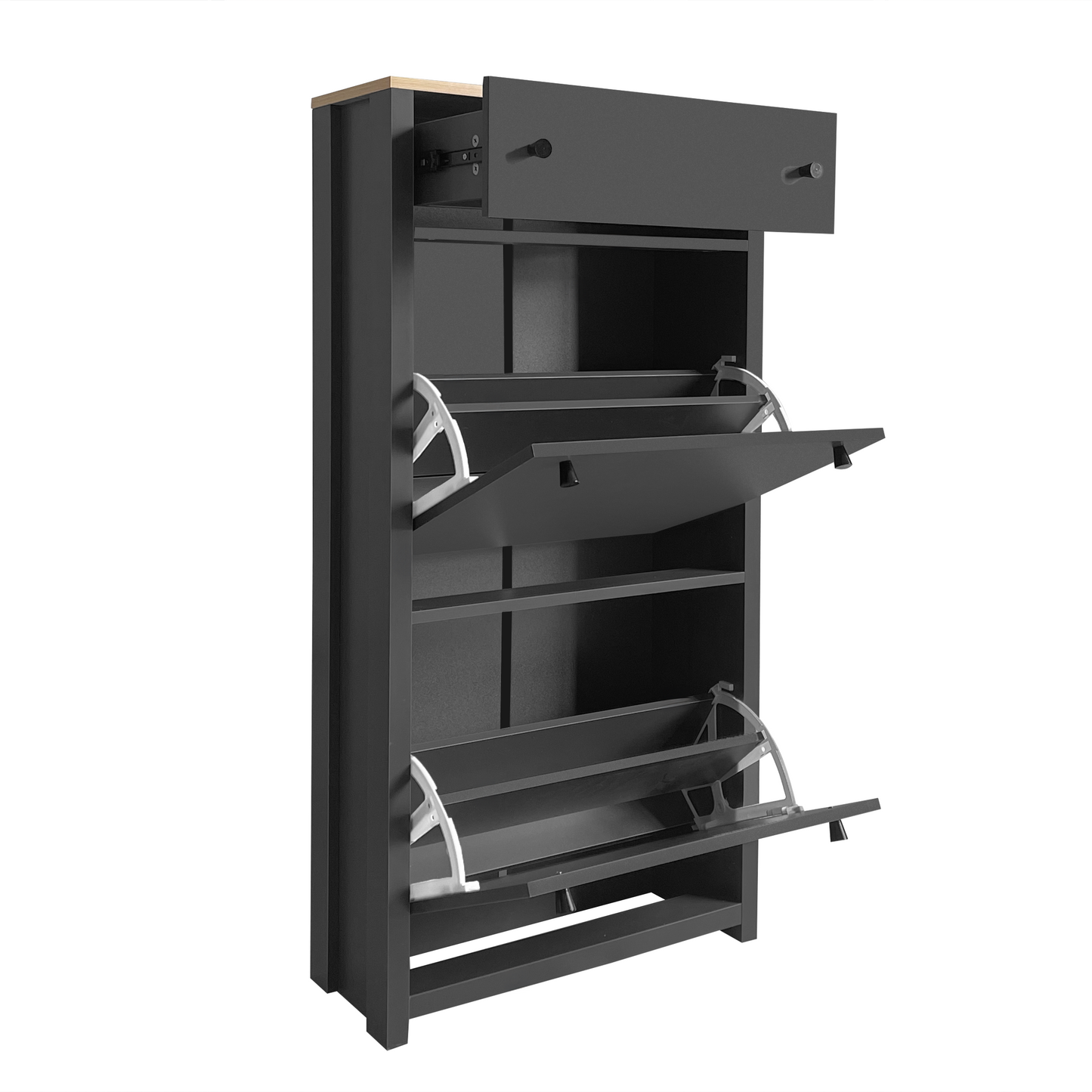 Dark grey slim shoe cabinet with three flipdown shoe drawers