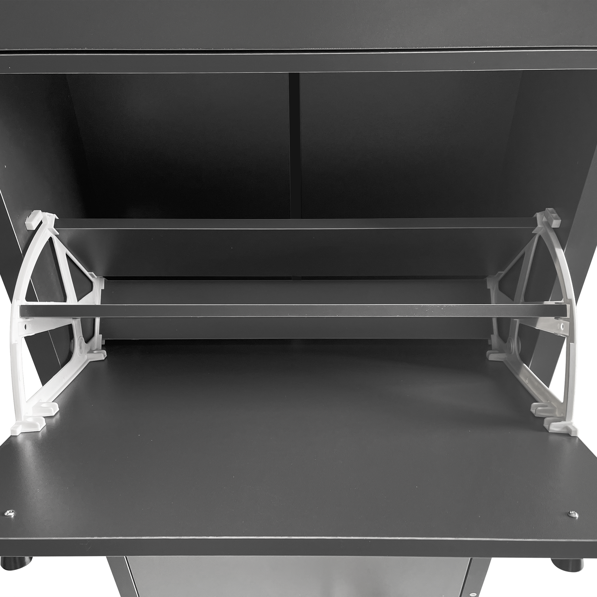Dark grey metal shoe cabinet with white plastic support structure
