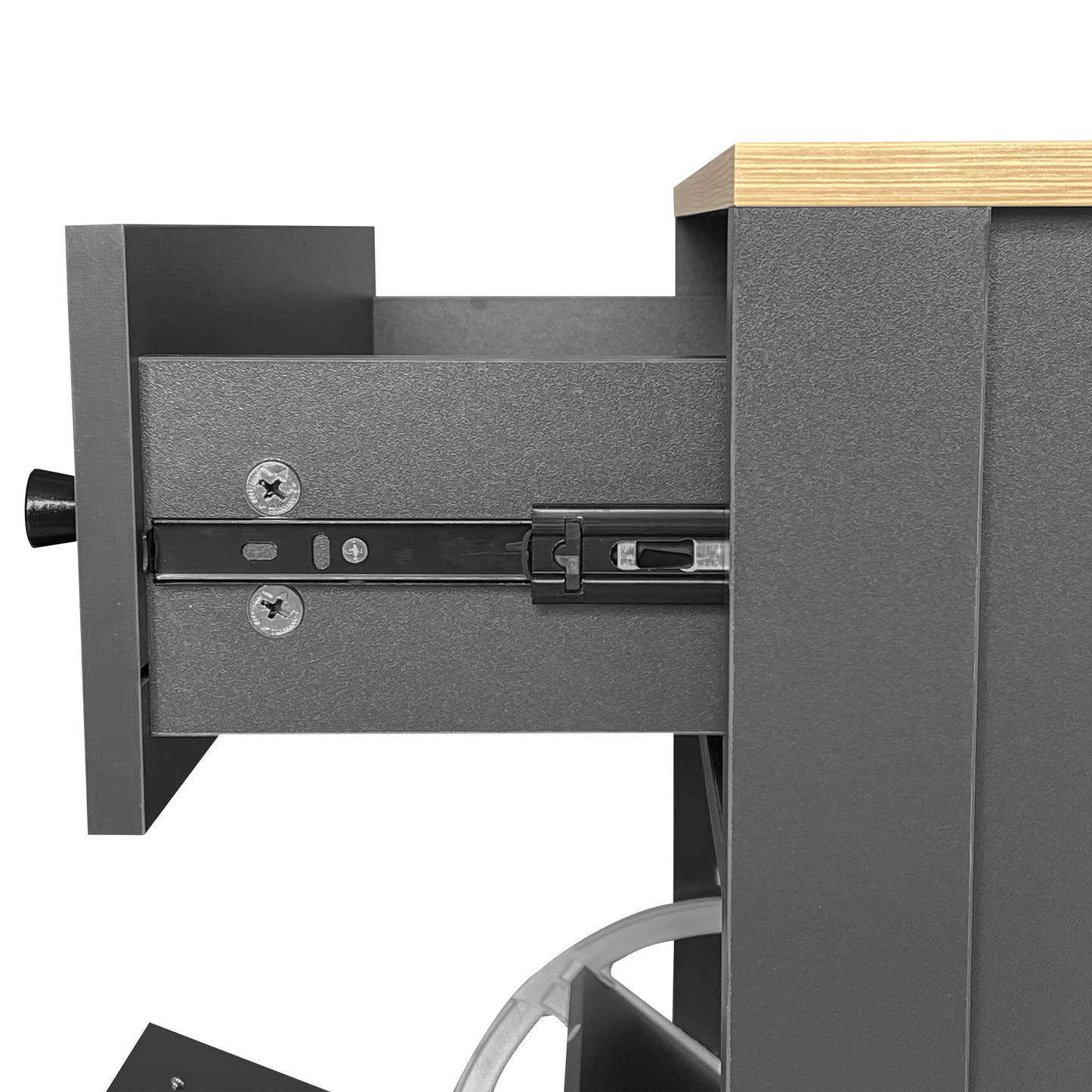 Closeup of gray cabinet drawer with smooth ballbearing glides
