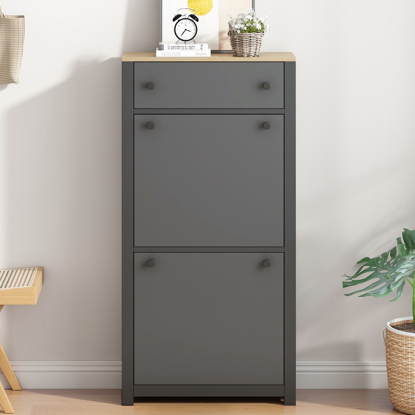 Tall grey entryway shoe cabinet with wooden top