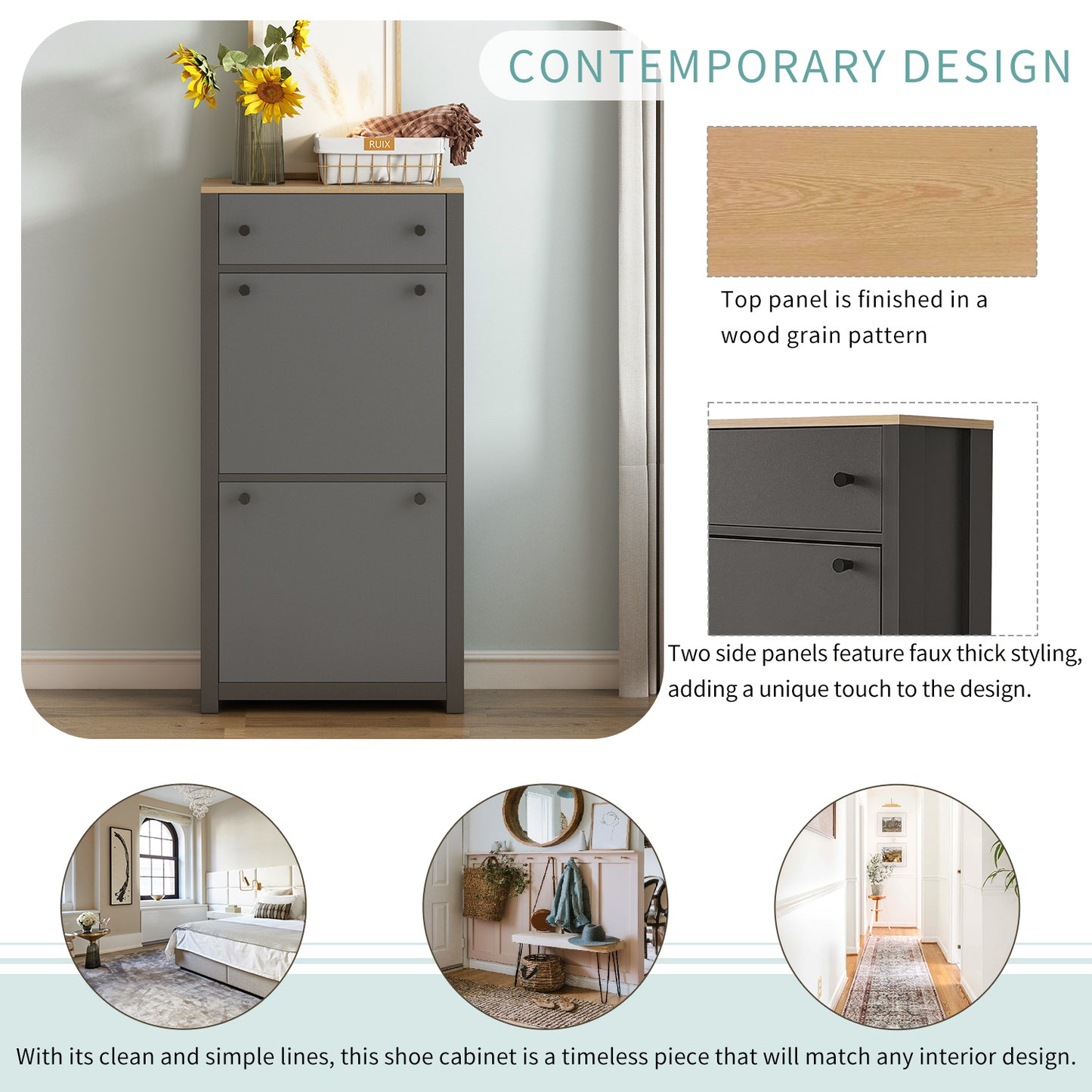 Gray shoe cabinet with wood grain top