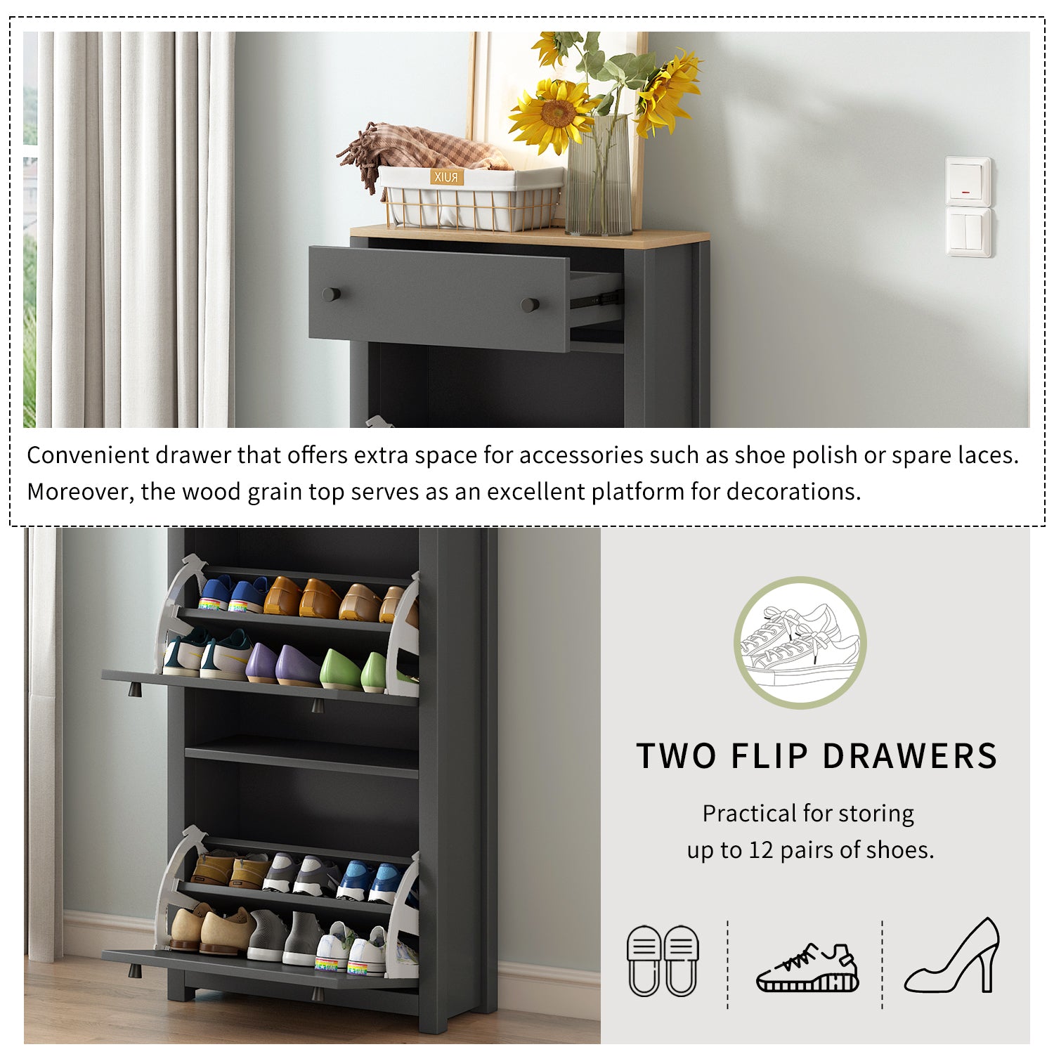 Gray hallway cabinet with open drawer and wood top