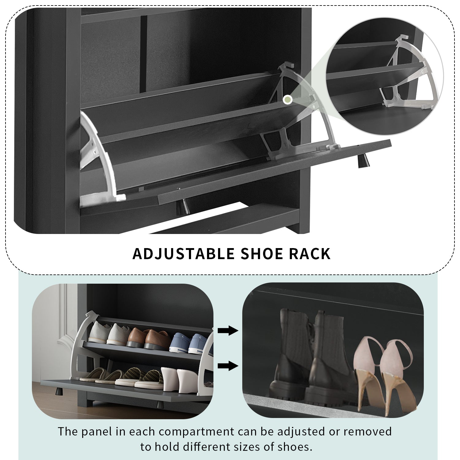 Dark gray contemporary shoe rack with tilting compartments open