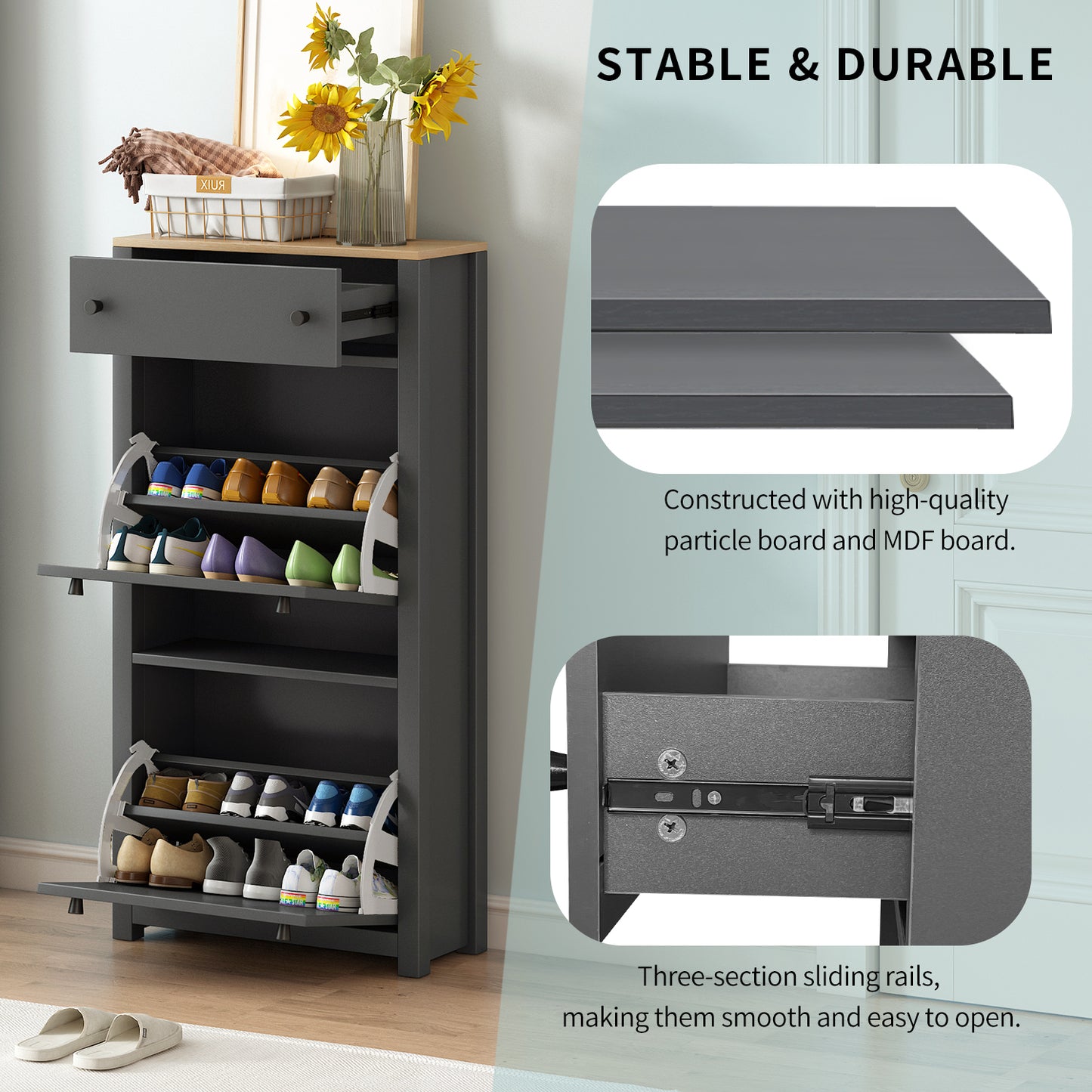 Dark gray tall shoe cabinet with multiple shelves and a single drawer