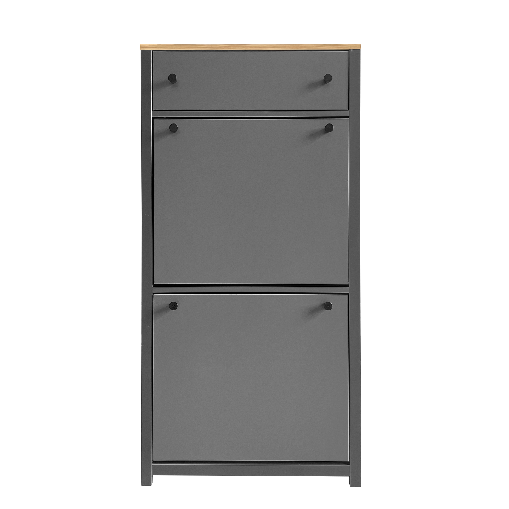 Modern grey entryway shoe cabinet with wood top and two flipout doors
