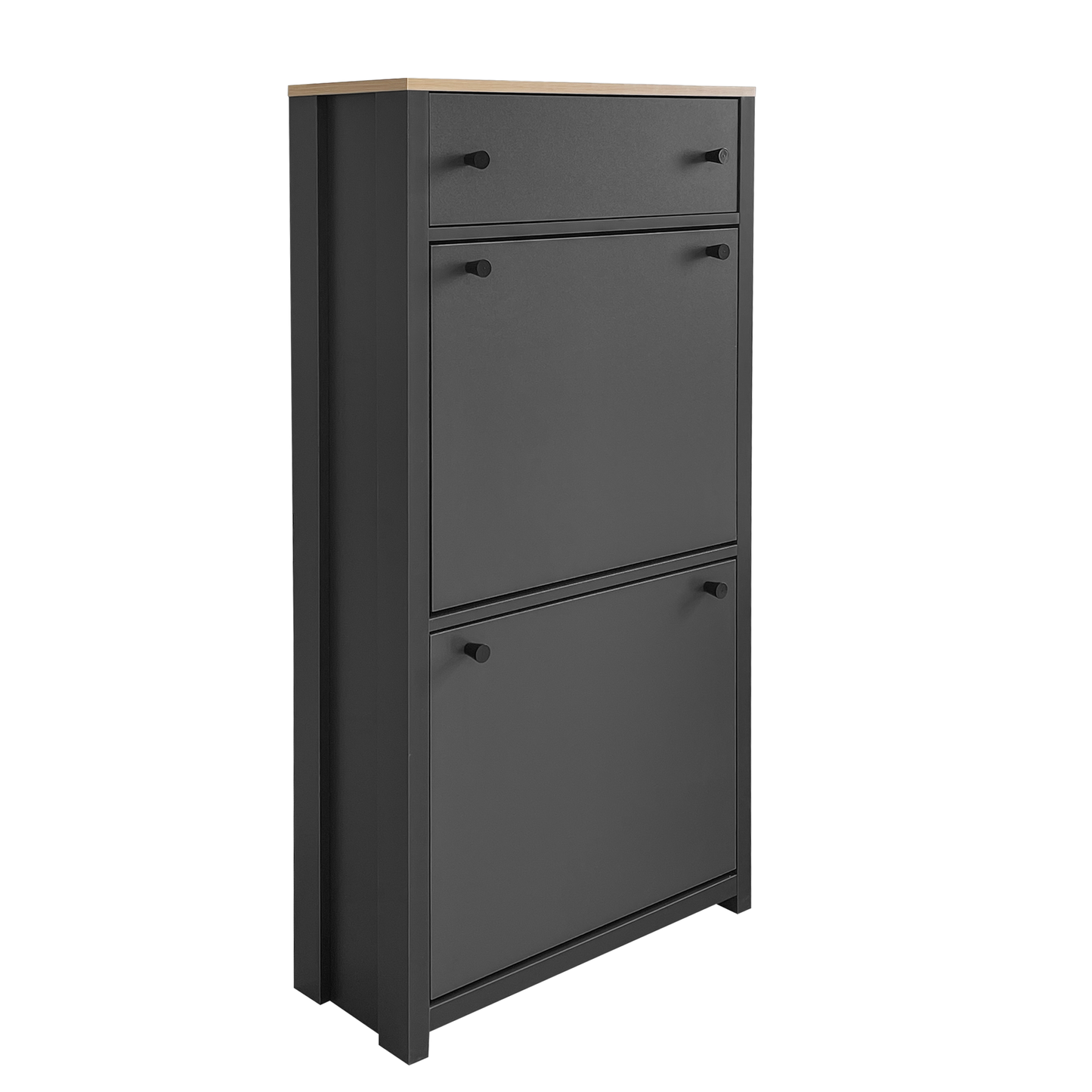 Tall dark grey shoe cabinet with oak effect top and two flapper doors
