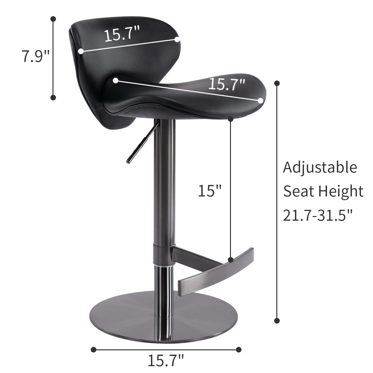 Black adjustable height bar stool with a cushioned seat and footrest