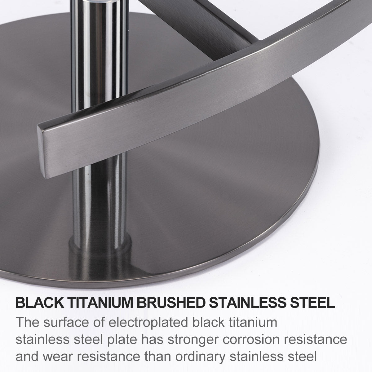 Closeup of a brushed black titanium stainless steel bar stool base