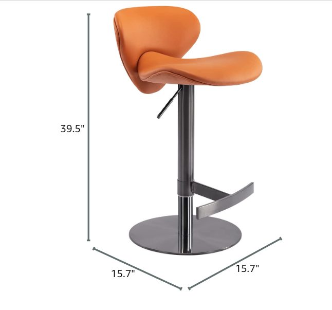 Adjustable orange leather bar stool with polished chrome base and footrest