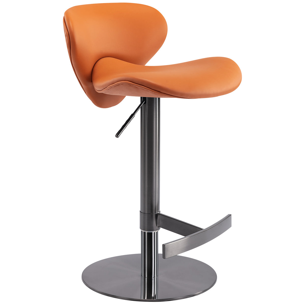 Modern orange leather adjustable bar stool with a chrome base and footrest