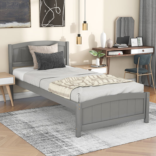 Grey twin bed frame with curved headboard and footboard