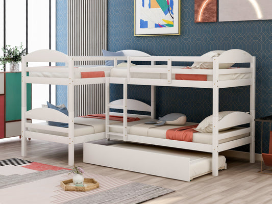 White wooden Lshaped bunk bed with pullout trundle for kids rooms