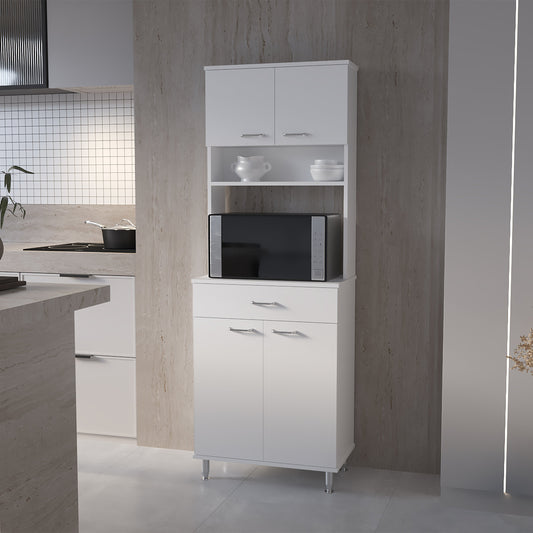 White kitchen cabinet with microwave shelf and two lower cabinets