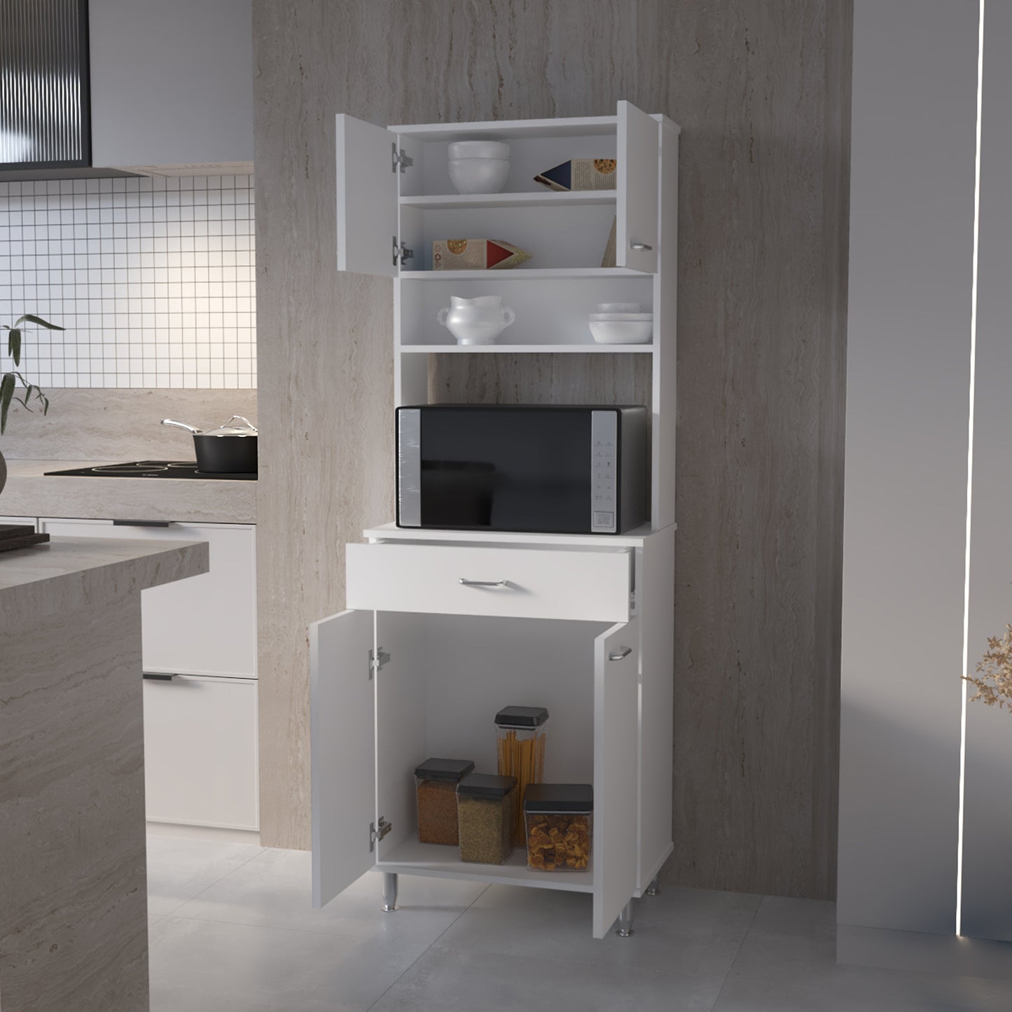 White kitchen cabinet with microwave shelf and storage