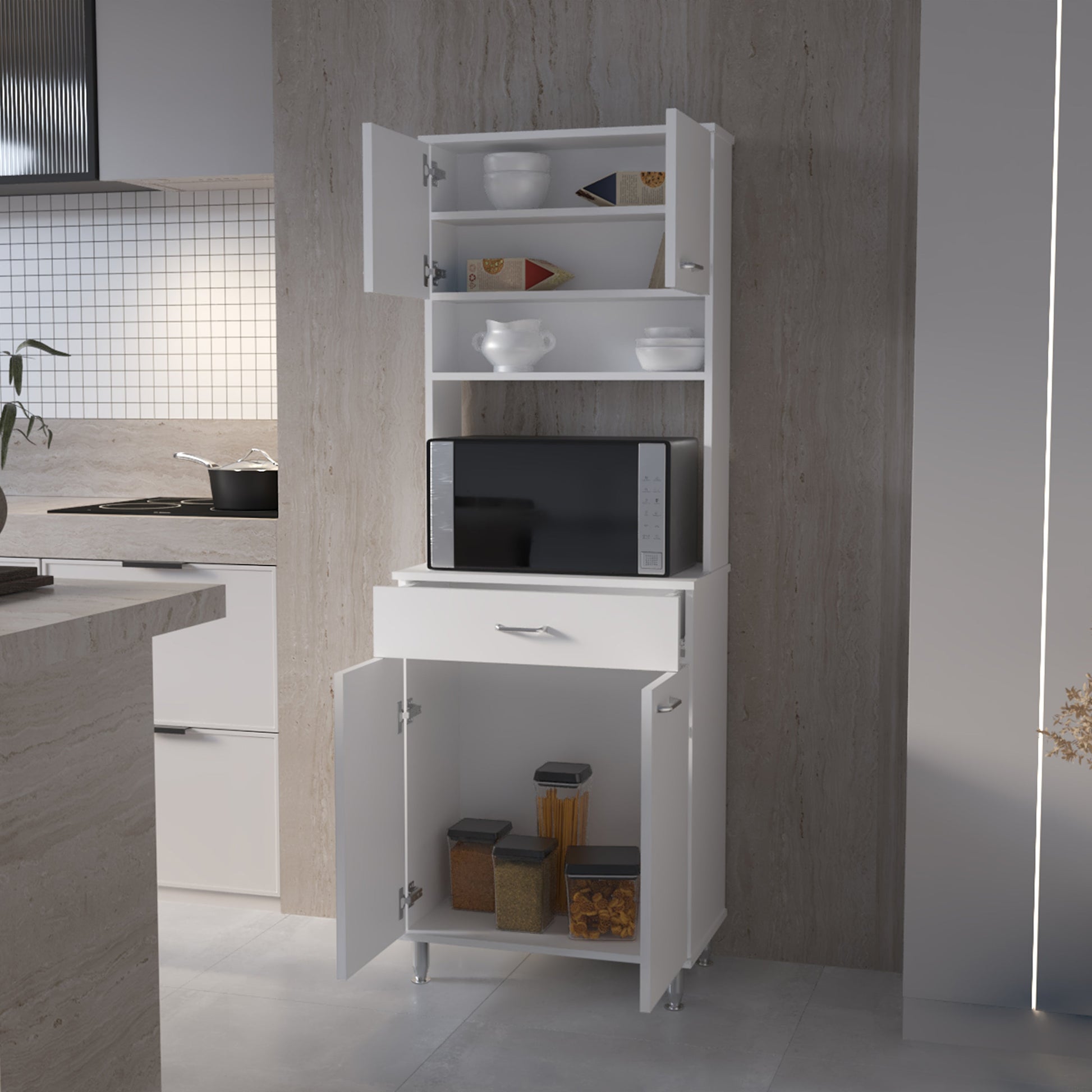 White kitchen cabinet with microwave shelf and storage