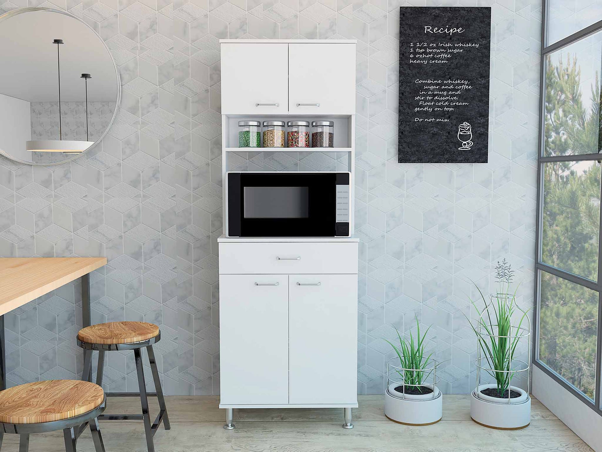 White kitchen cabinet with microwave shelf and storage